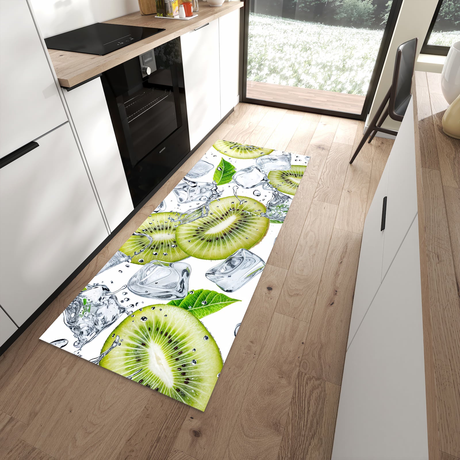 Farbbeständiger Läufer für den Eingangsbereich mit Motiv Kiwi Würfel Eis in moderner Küche