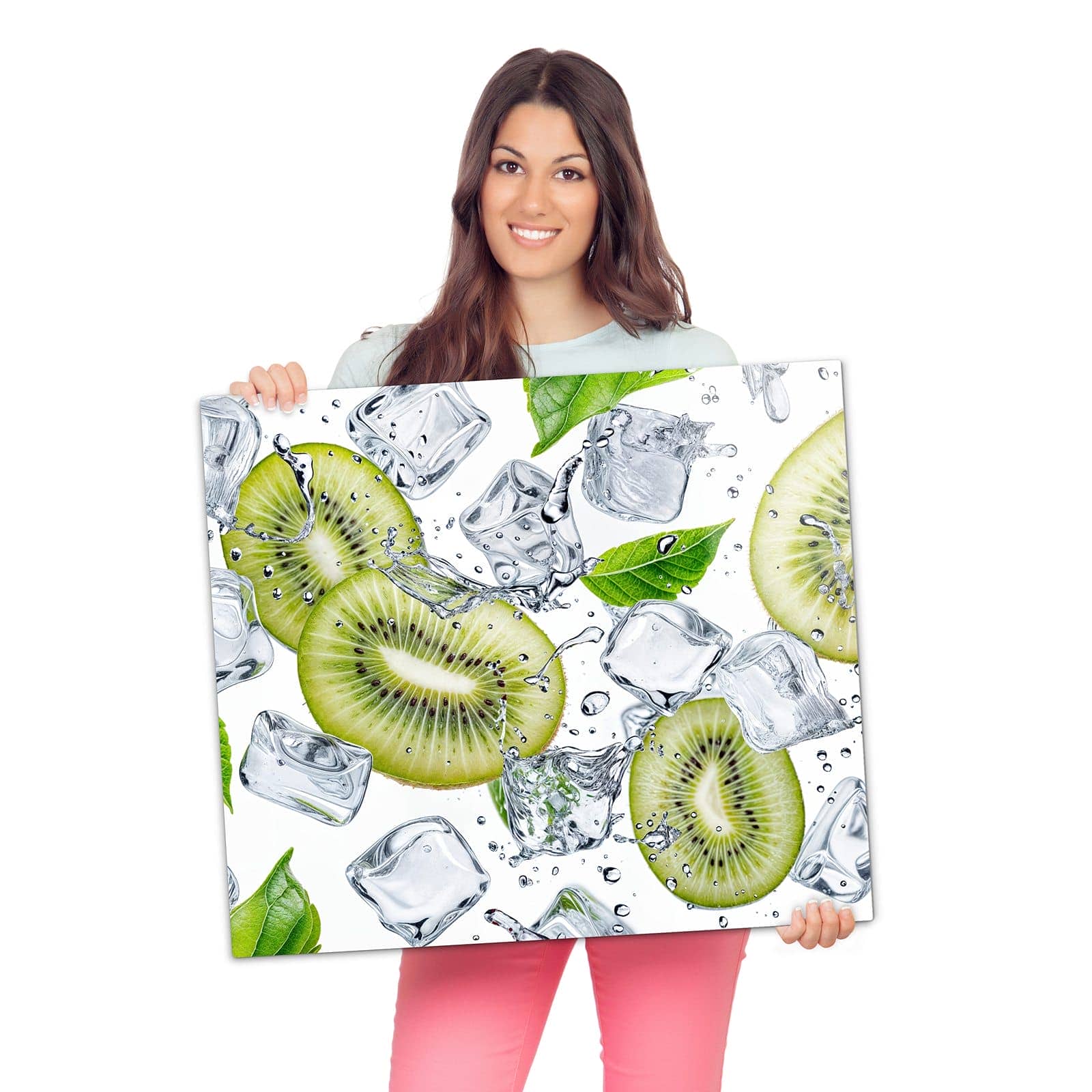 Ceranfeld Abdeckung mit Kiwi Würfel Eis-Motiv wird zur Größendarstellung gehalten