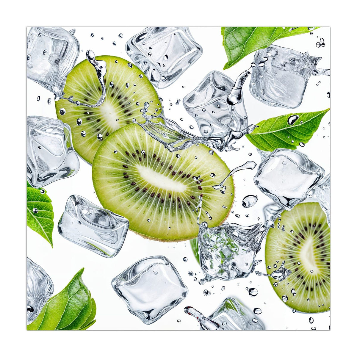 Küchenrückwand aus Glas Kiwi und Eiswürfel im quadratischen Format, Motiv bildfüllend von vorn