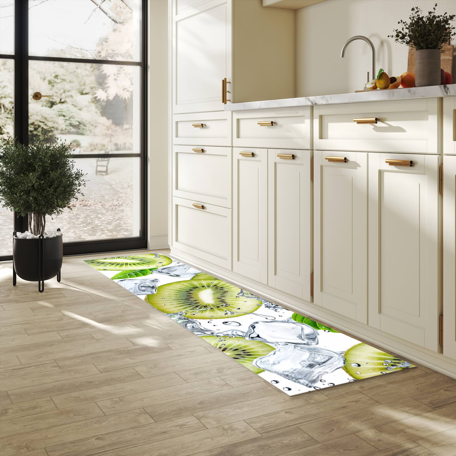Abriebfester Küchenteppich mit Motiv Kiwi Würfel Eis in heller Küche
