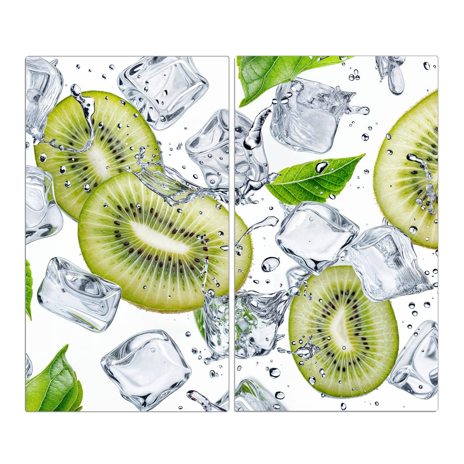 2-teilige Herdabdeckplatte aus Glas mit Kiwi Würfel Eis-Motiv in der Frontansicht