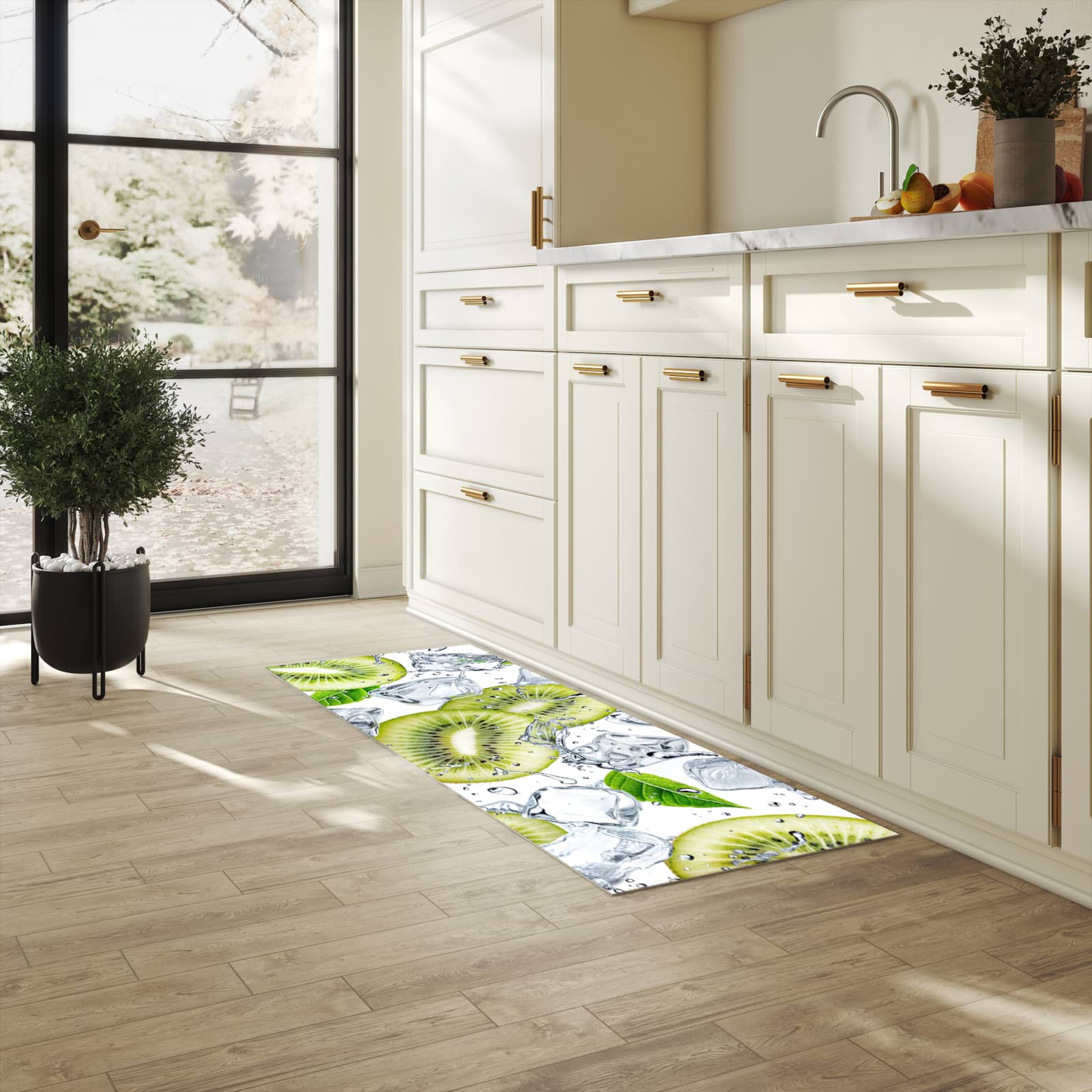 Zeitsparender großer Küchenteppich mit Motiv Kiwi Würfel Eis in heller Küche