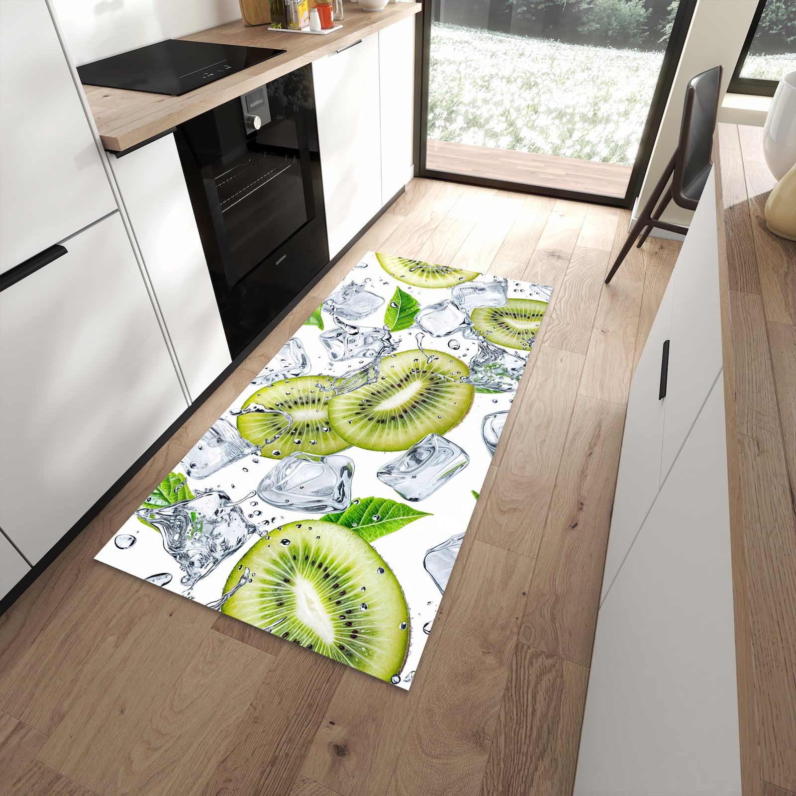 Geräuschdämpfender dünner Küchenteppich mit Motiv Kiwi Würfel Eis in moderner Küche