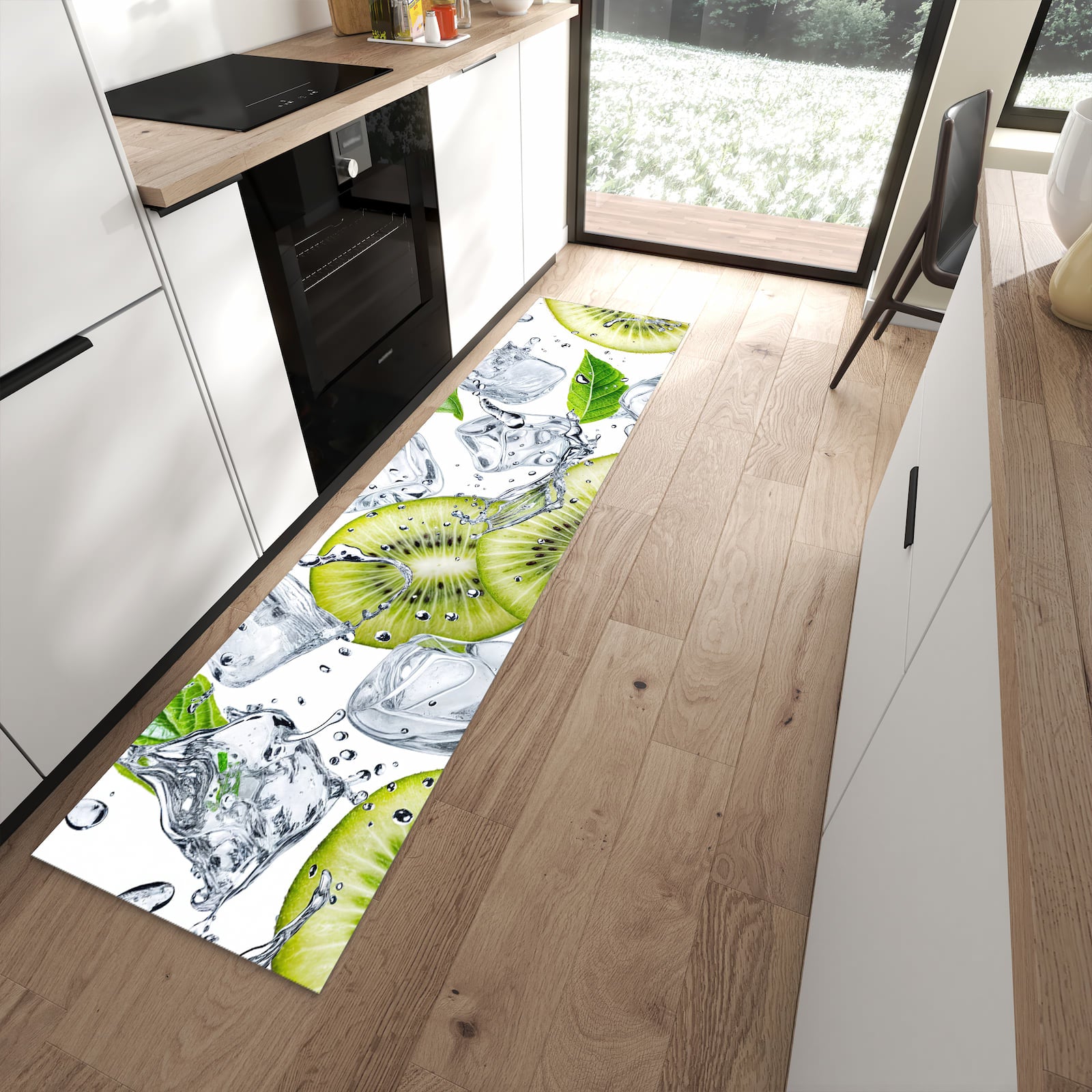 Feuchtigkeitsresistenter Teppichläufer mit Motiv Kiwi Würfel Eis in moderner Küche