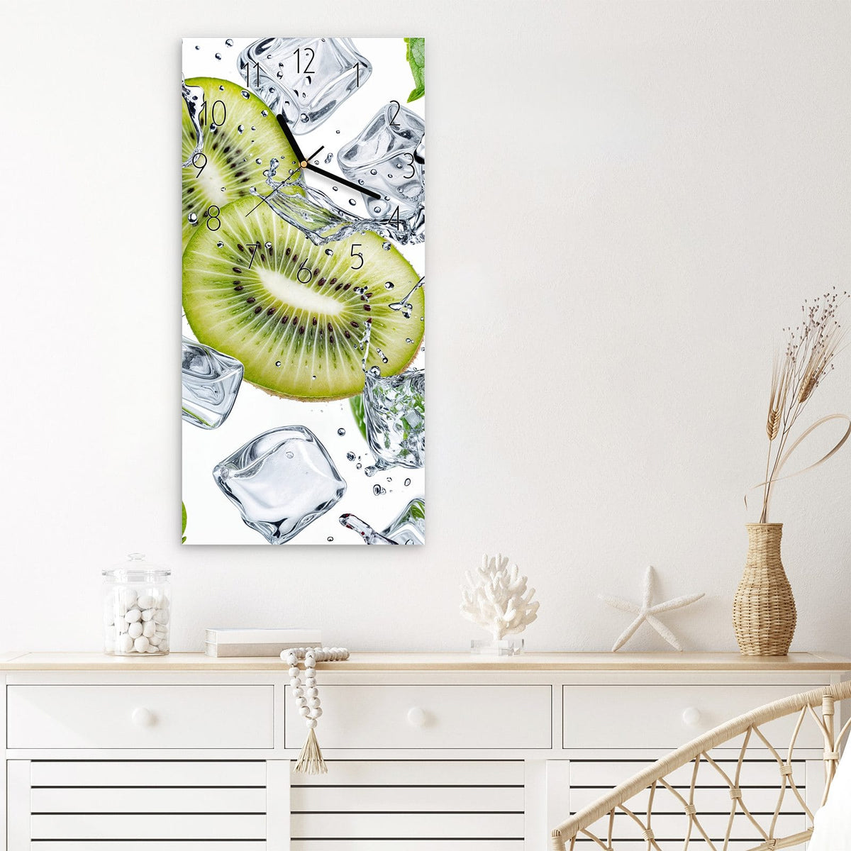 Wanduhr Kiwi Würfel Eis aus Glas – Kiwischeiben mit Eiswürfeln