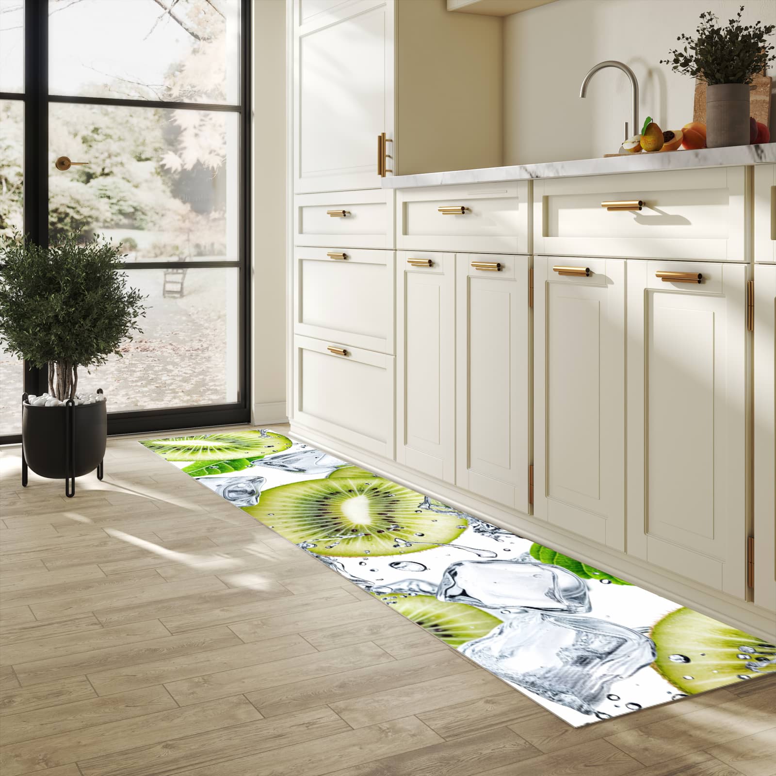 UV-beständiger Küchenläufer mit Motiv Kiwi Würfel Eis in heller Küche