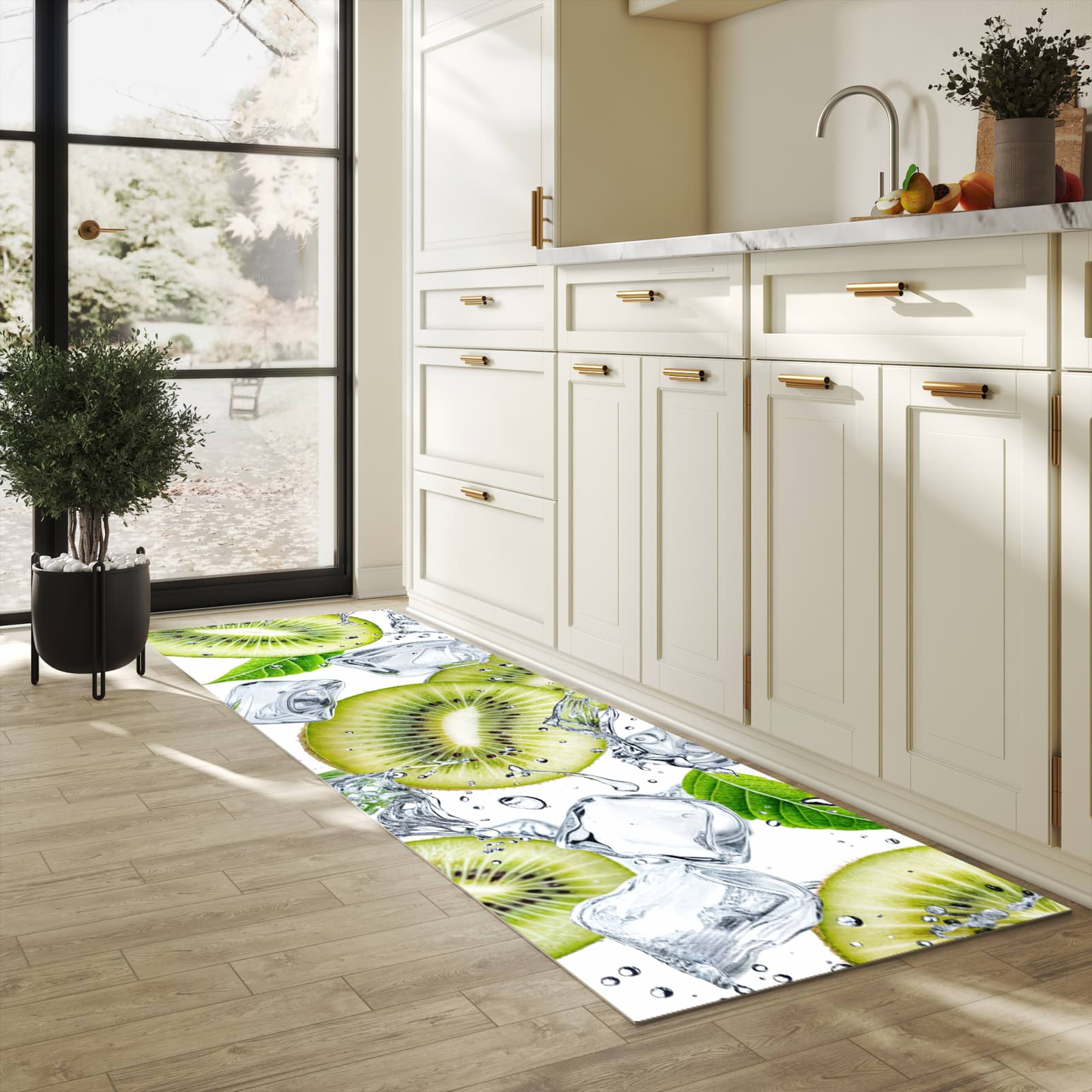 Schmutzabweisender rutschfester Küchenläufer mit Motiv Kiwi Würfel Eis in heller Küche