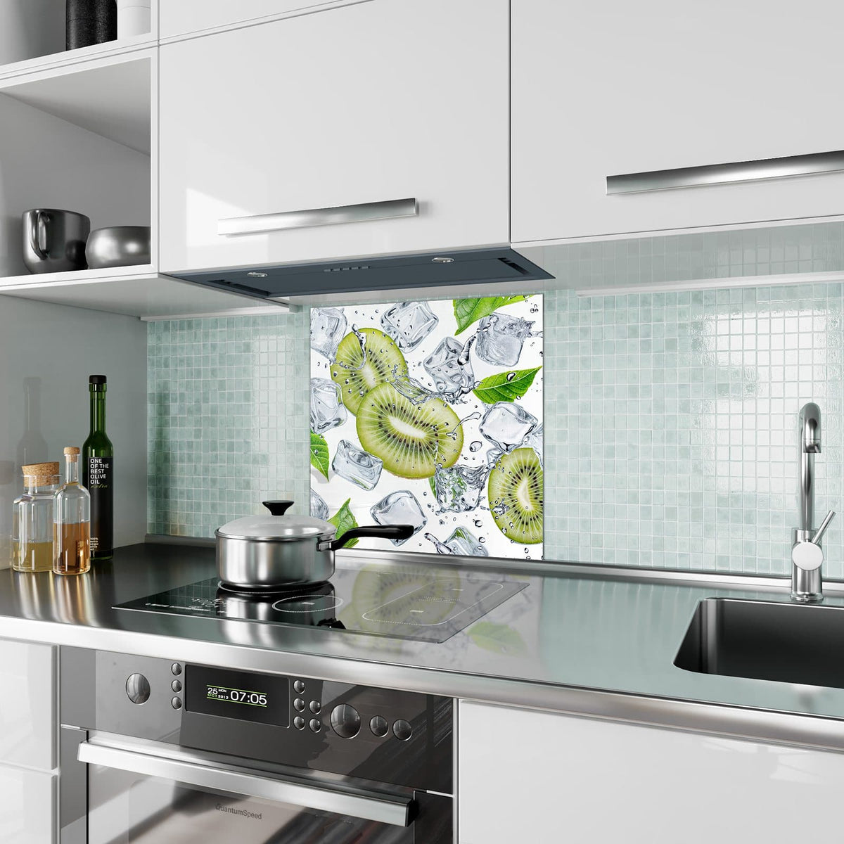 Küchenrückwand Kiwi und Eiswürfel aus Glas – Kiwischeiben mit Eiswürfeln