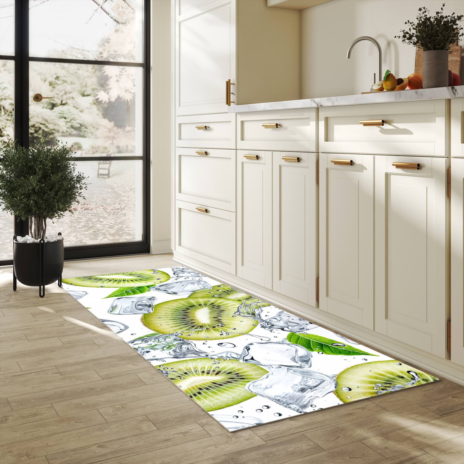 Flacher rutschfester Küchenläufer mit Motiv Kiwi Würfel Eis in heller Küche