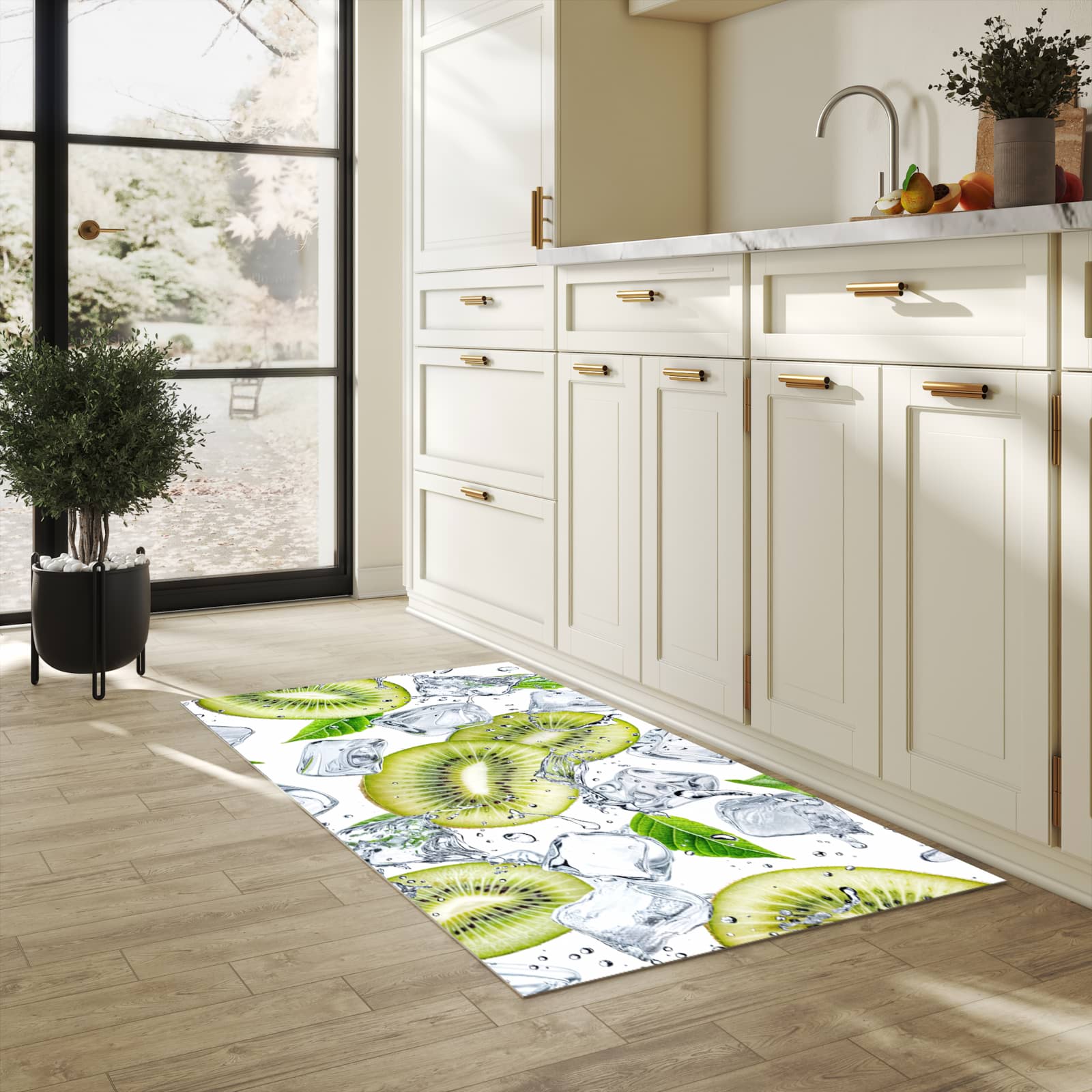 Langlebiger waschbarer Küchenläufer mit Motiv Kiwi Würfel Eis in heller Küche