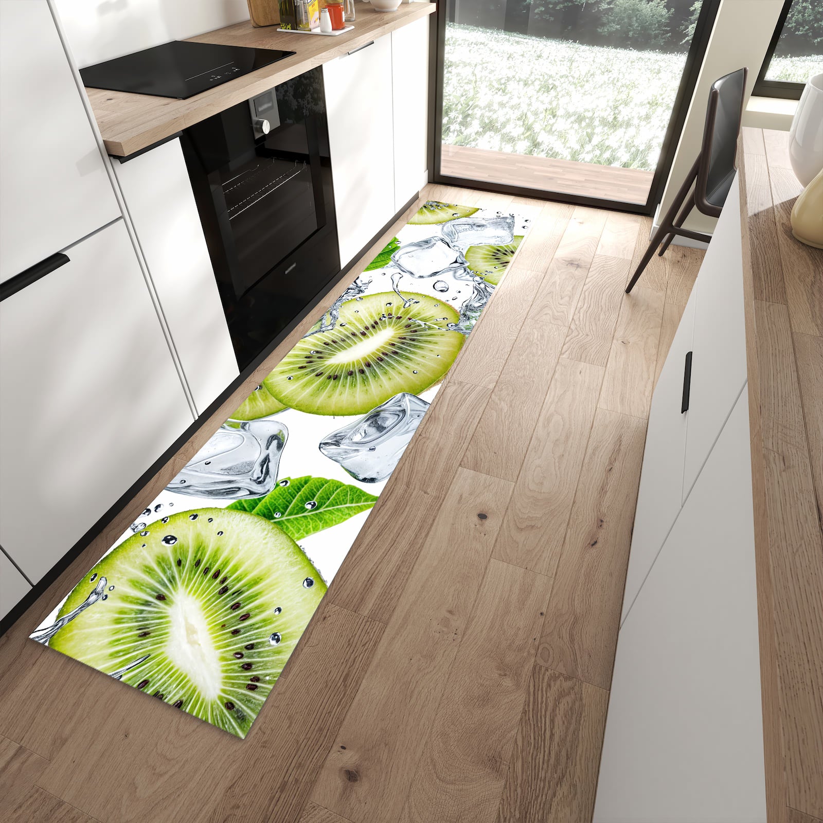 Bodenschonender waschbarer Läufer für die Küche mit Motiv Kiwi Würfel Eis in moderner Küche
