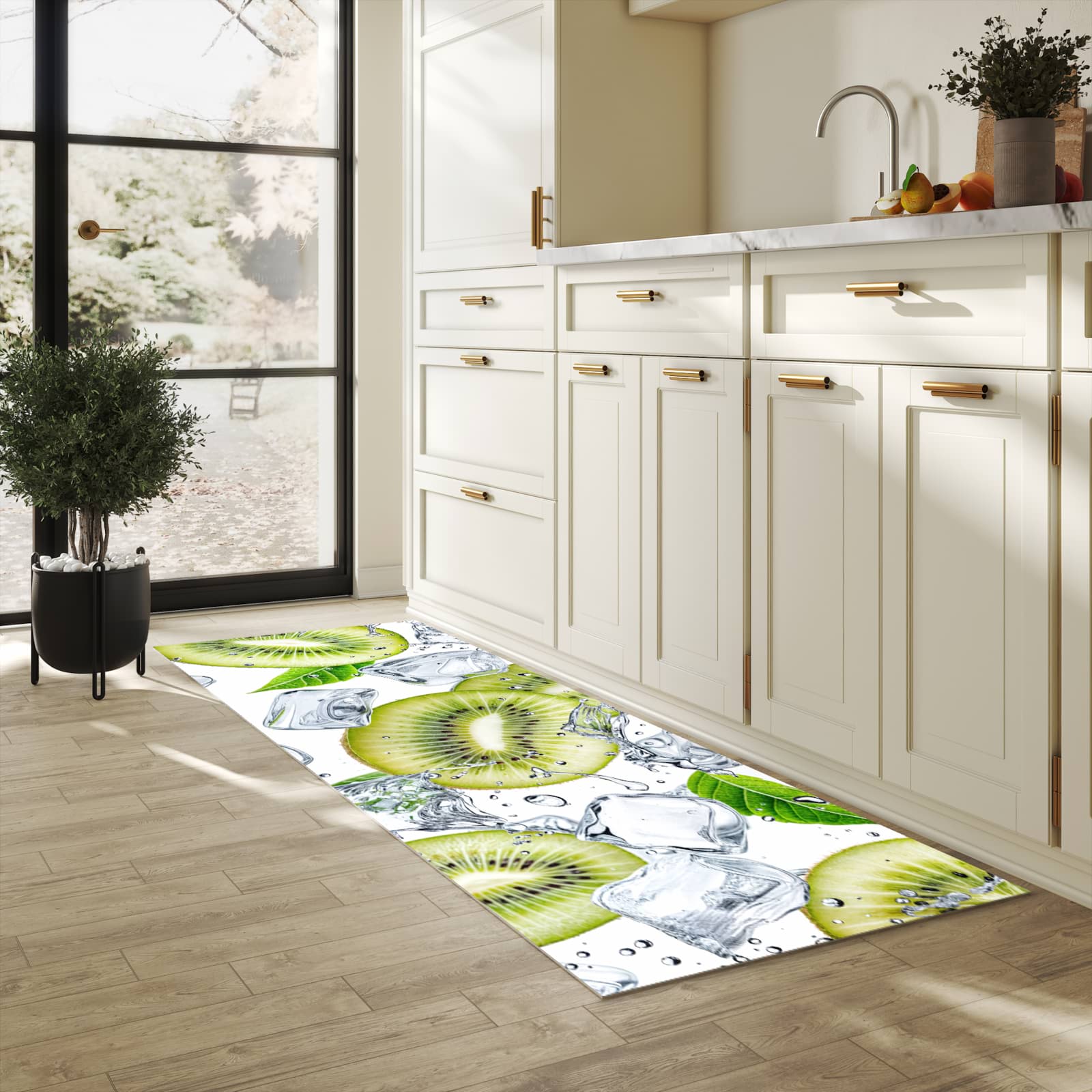 Fleckenresistenter Küchenläufer mit Motiv Kiwi Würfel Eis in heller Küche