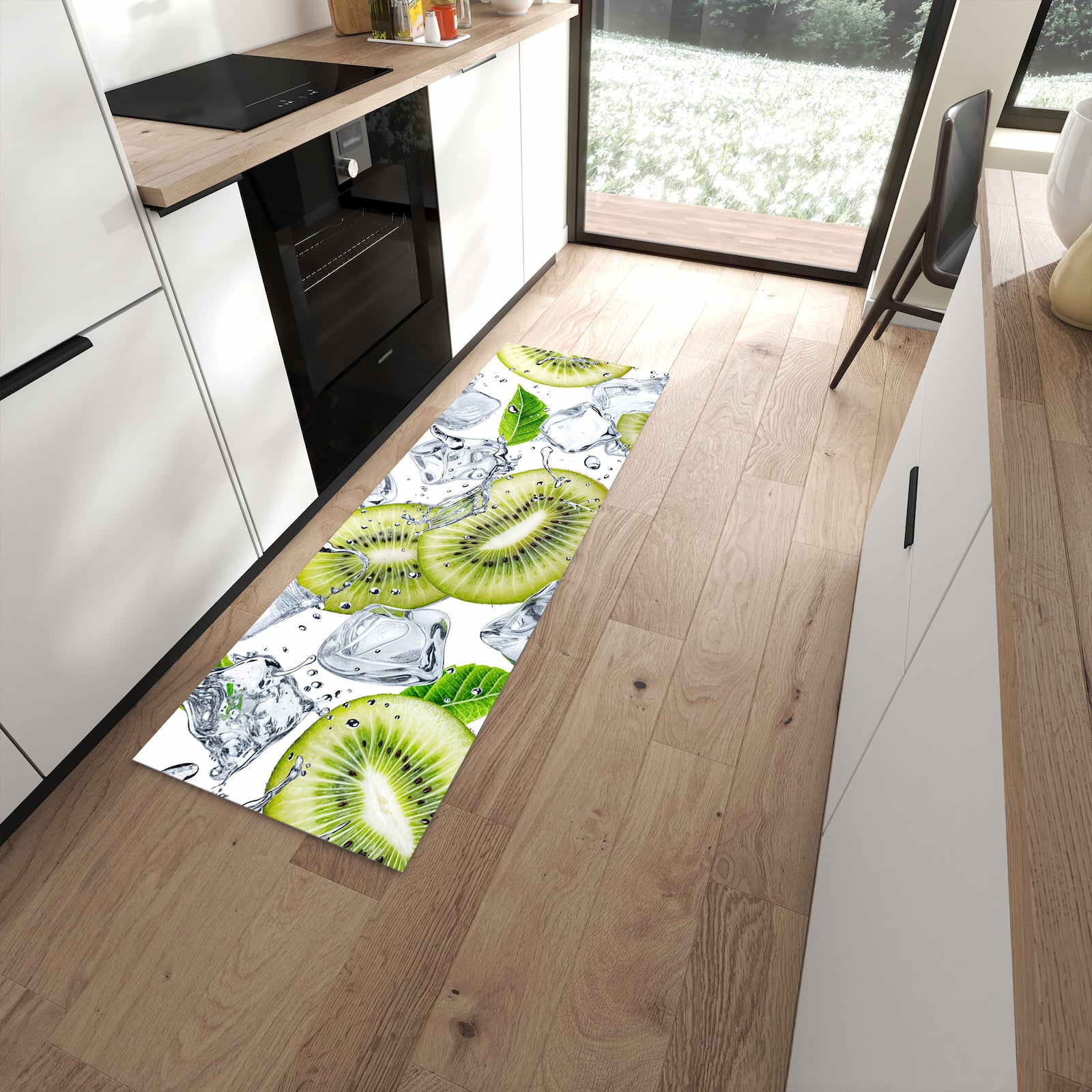 Rutschfester Küchenläufer mit Motiv Kiwi Würfel Eis in moderner Küche
