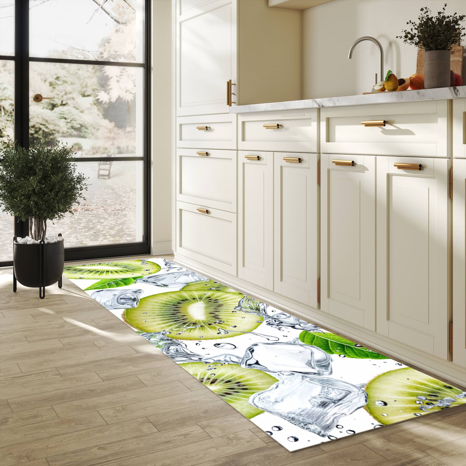 Geruchsneutraler rutschfester Küchenläufer mit Motiv Kiwi Würfel Eis in heller Küche