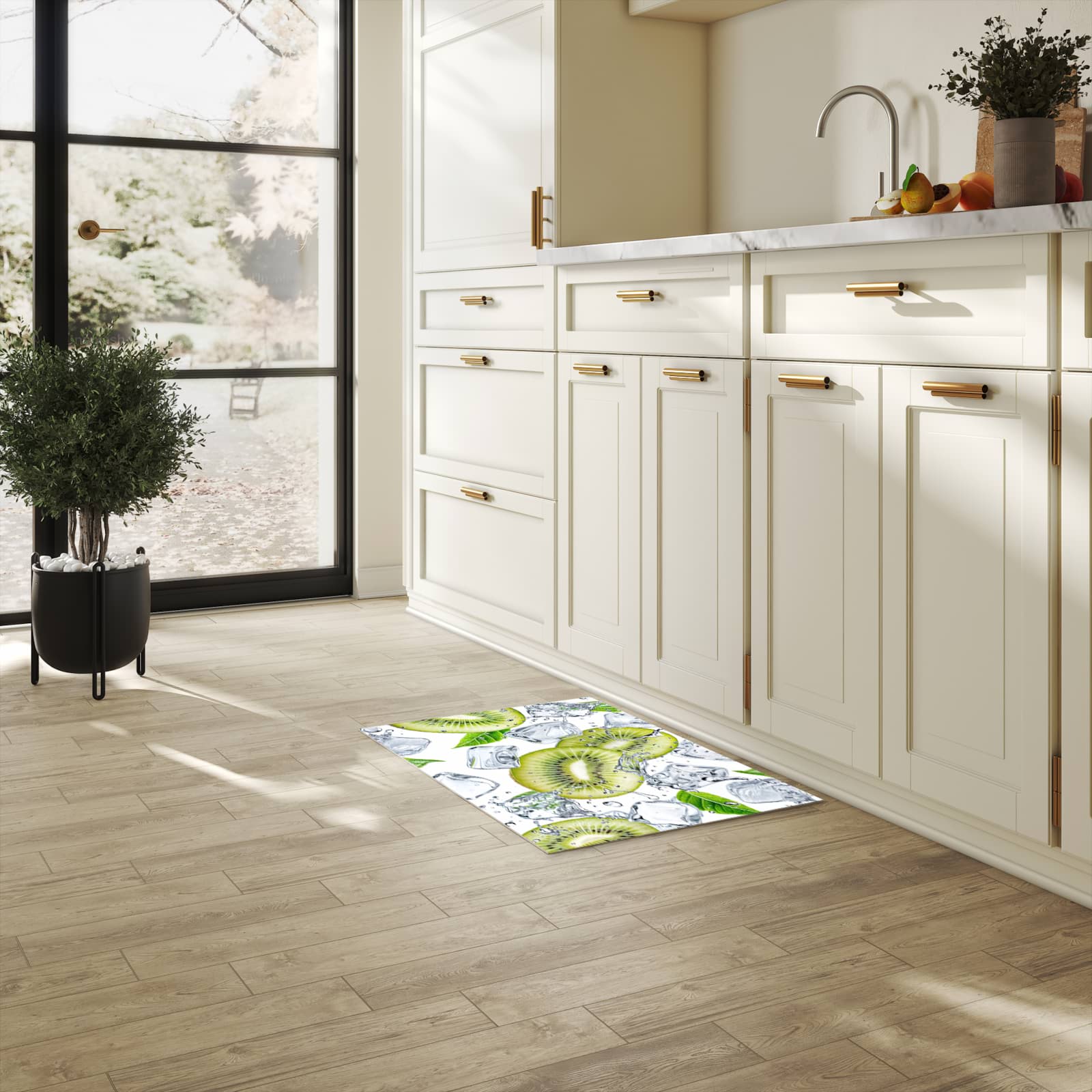 Komfortabler Küchenläufer mit Motiv Kiwi Würfel Eis in heller Küche
