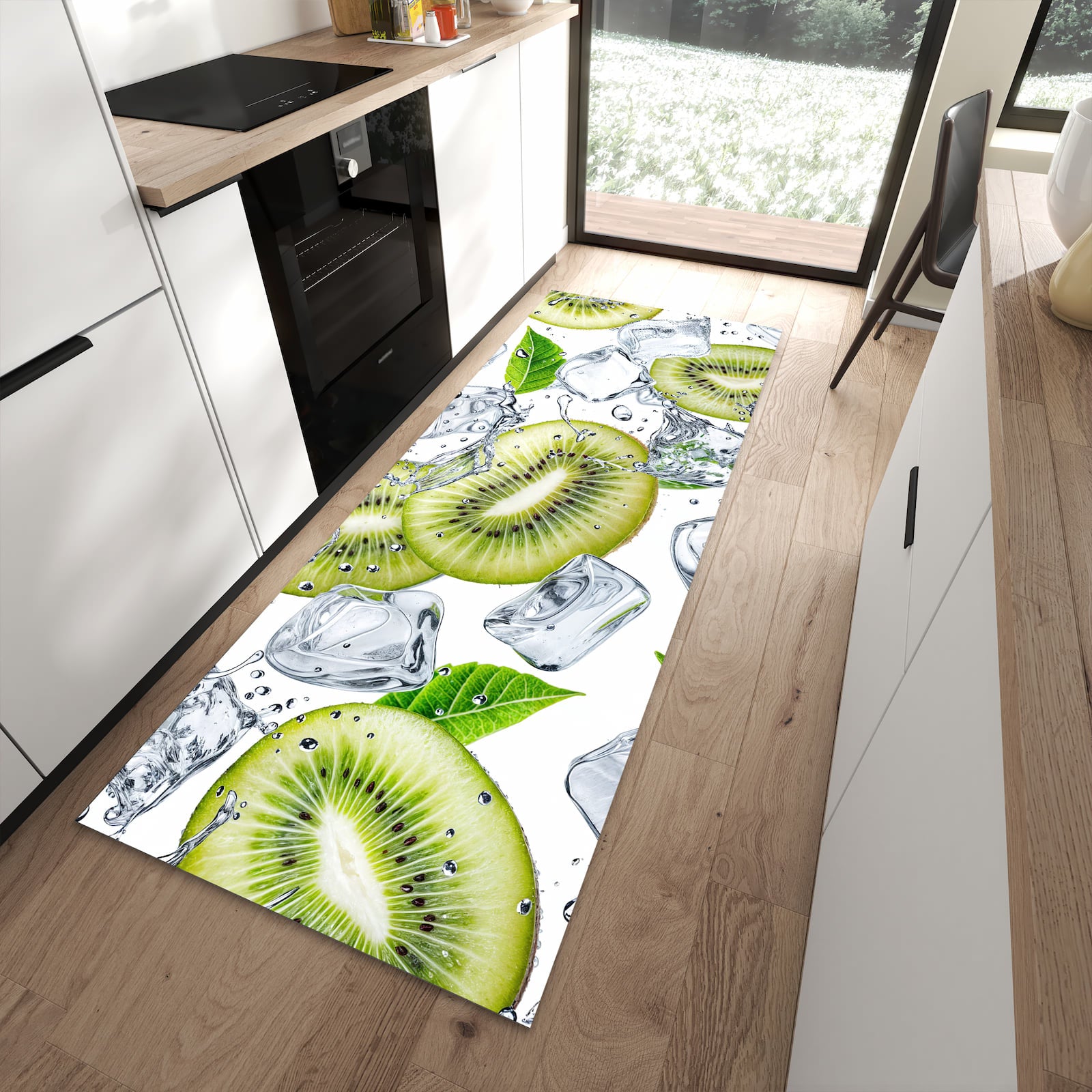 Abriebfester waschbarer Teppich fürs Esszimmer mit Motiv Kiwi Würfel Eis in moderner Küche