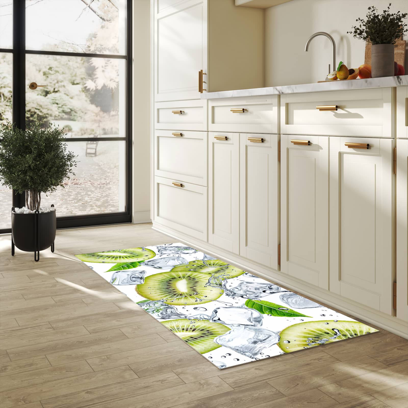Wasserabweisender Küchenläufer mit Motiv Kiwi Würfel Eis in heller Küche