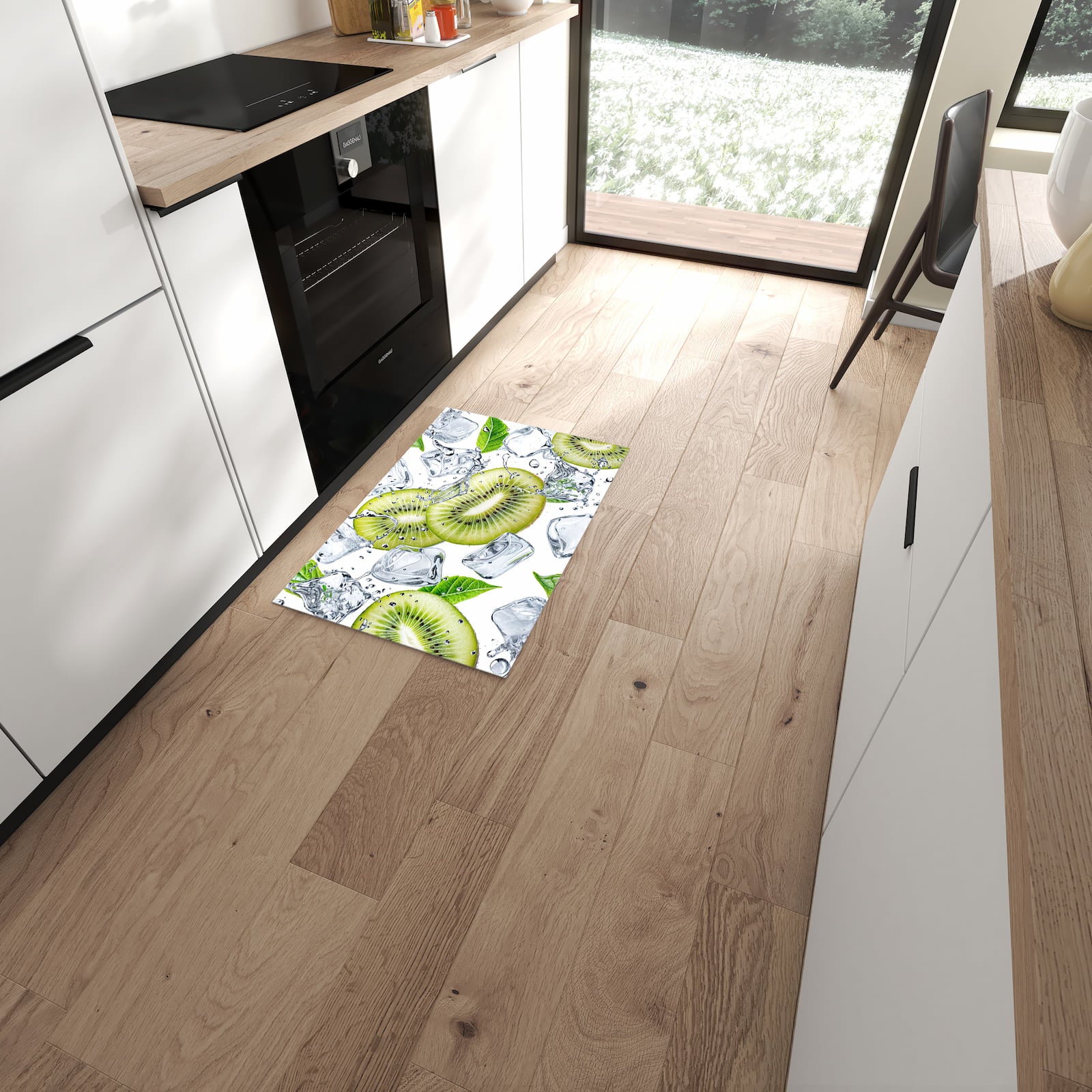 Bodenschonender langer Teppich mit Motiv Kiwi Würfel Eis in moderner Küche