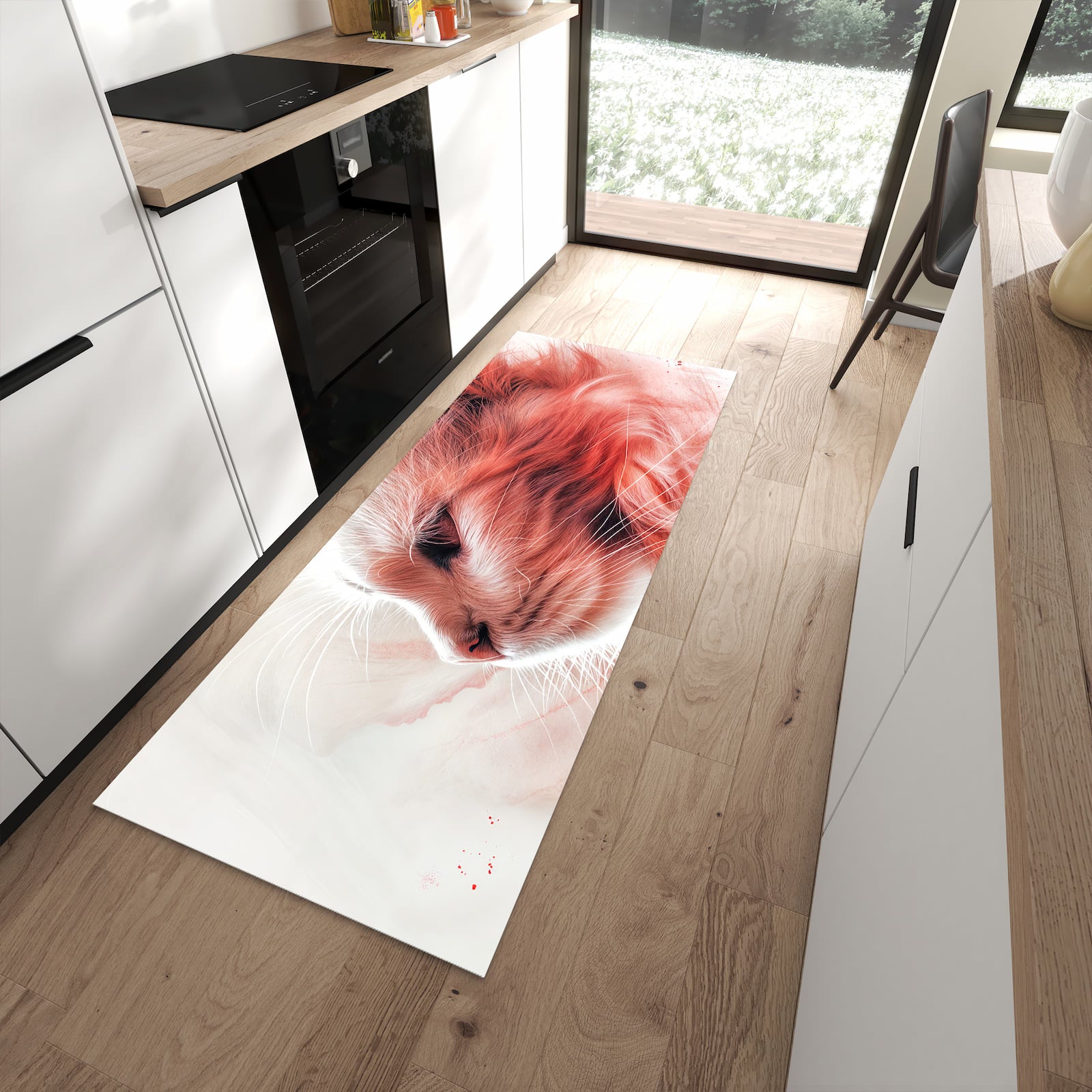 Komfortabler Küchenteppich mit Motiv Katze Profil Rouge in moderner Küche