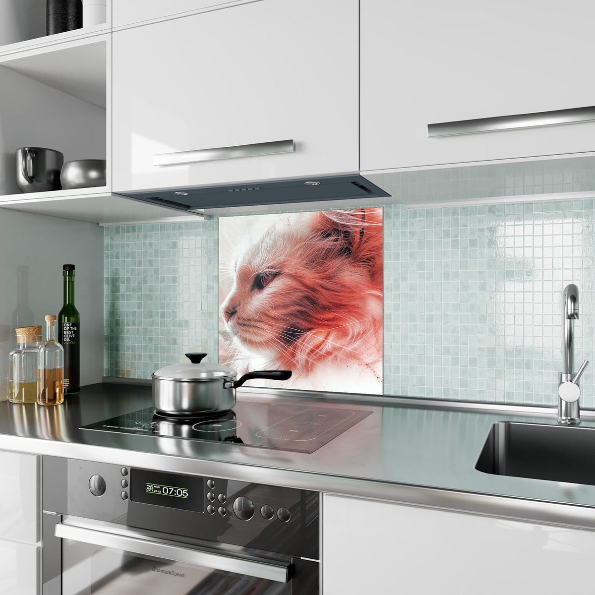 Küchenrückwand Katzenprofil in Rot aus Glas – Katzenprofil in Korallrot und Rosé
