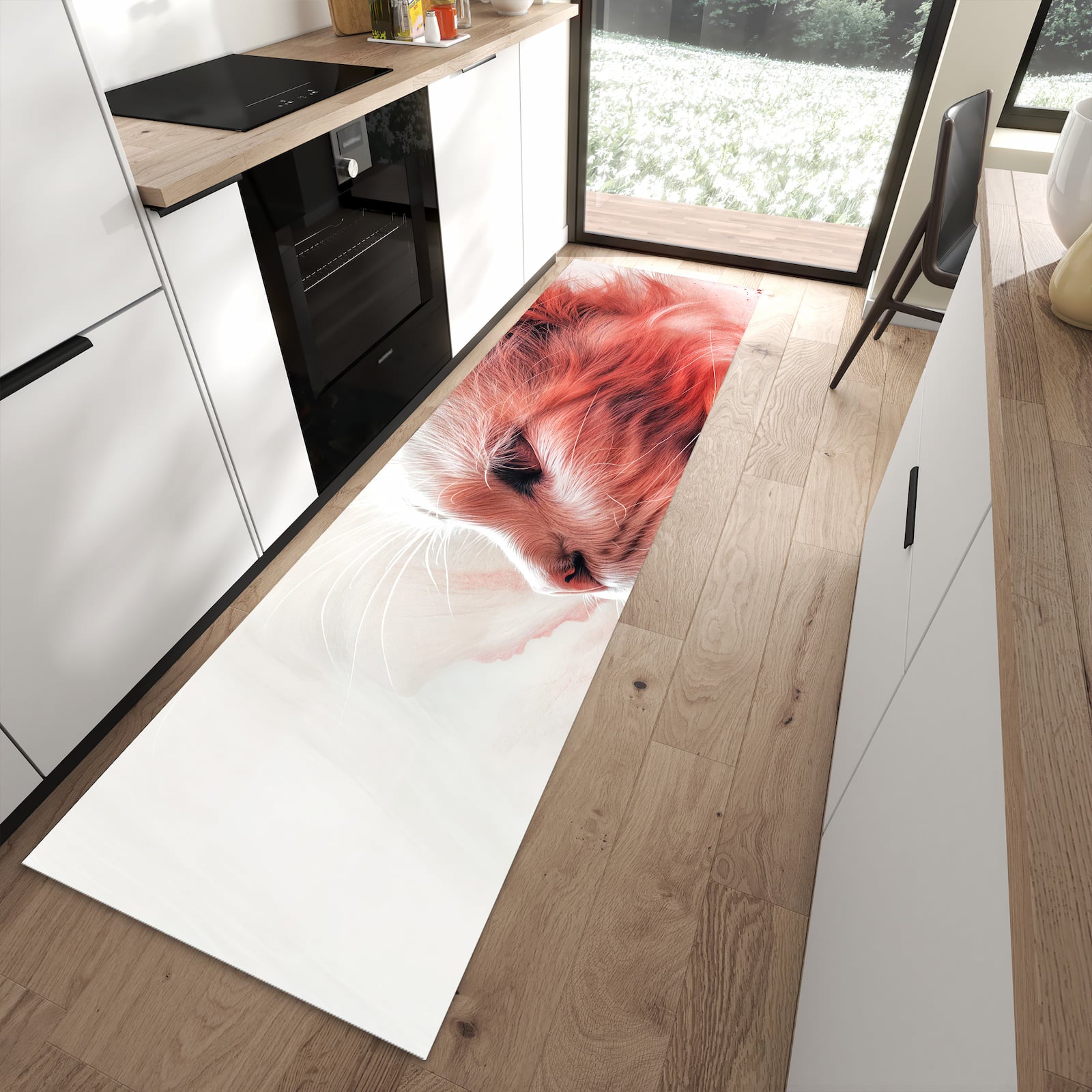 Pflegeleichter Küchenläufer mit Motiv Katze Profil Rouge in moderner Küche