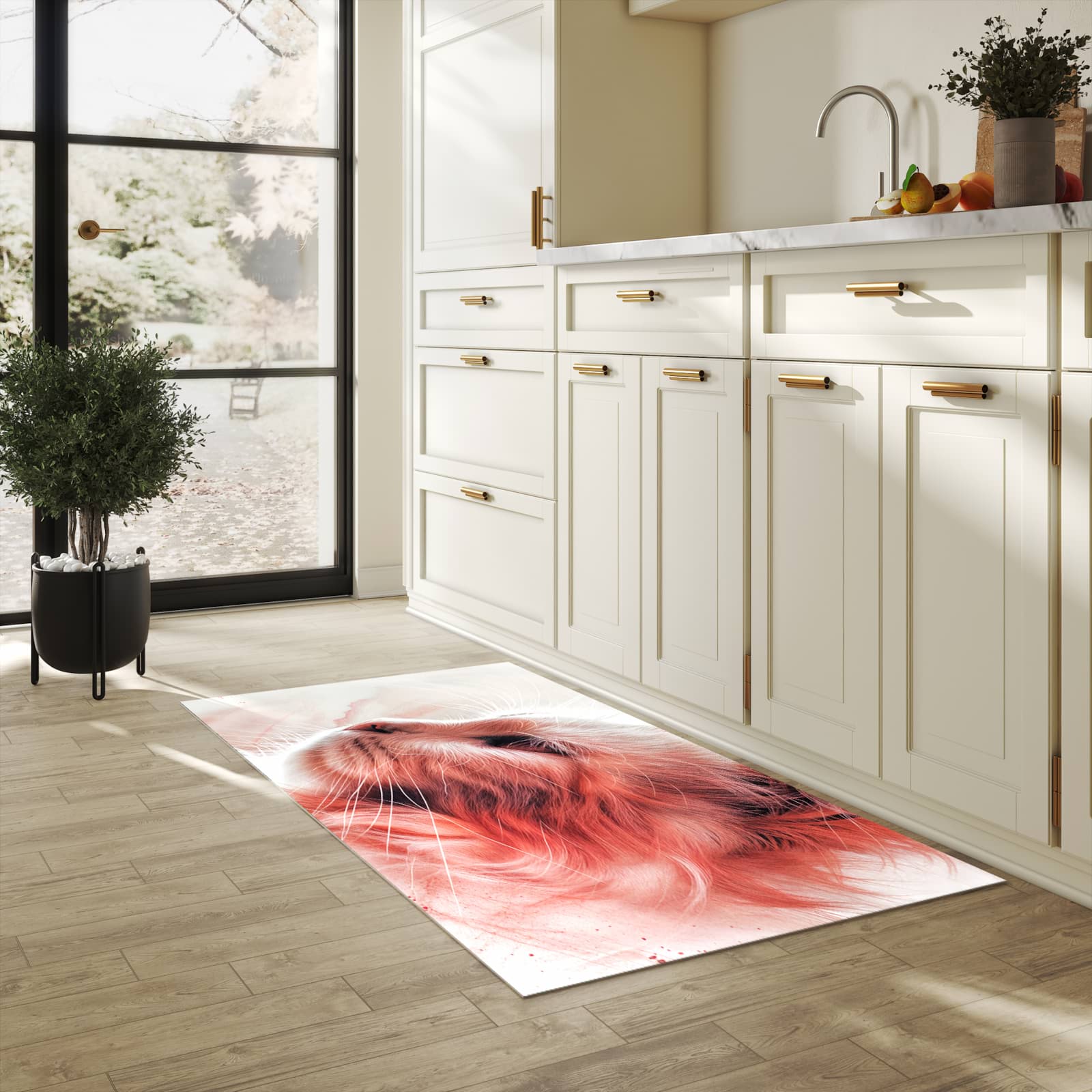 Bodenschonender rutschfester Küchenteppich mit Motiv Katze Profil Rouge in heller Küche
