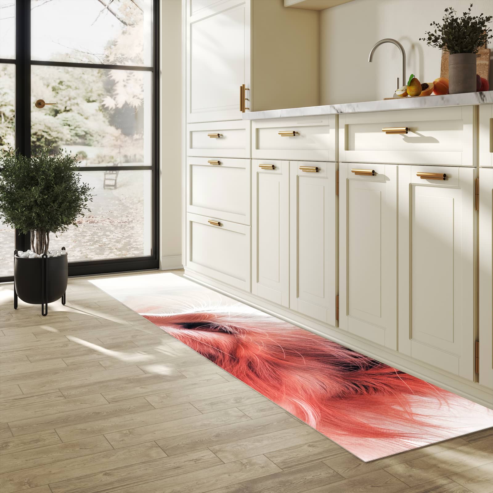Waschbarer rutschfester Küchenteppich mit Motiv Katze Profil Rouge in heller Küche