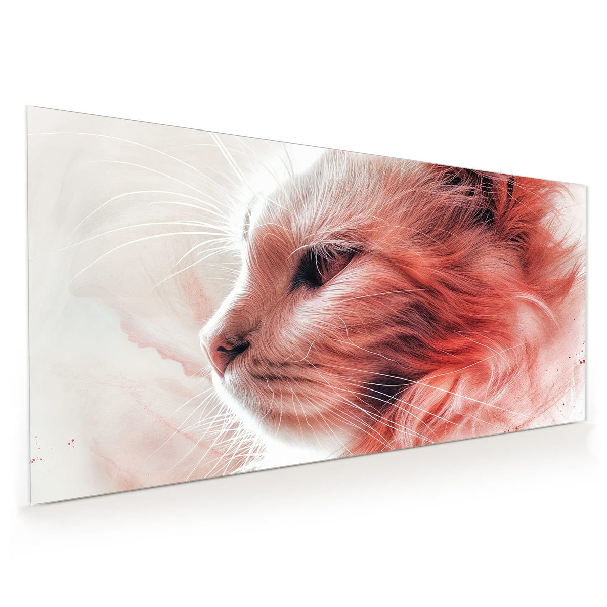 Küchenrückwand aus Glas im Hochformat mit Motiv Katzenprofil in Rot: Katzenkopf im Profil, künstlerisch in Korallrot und Rosé getönt, weißer Grund