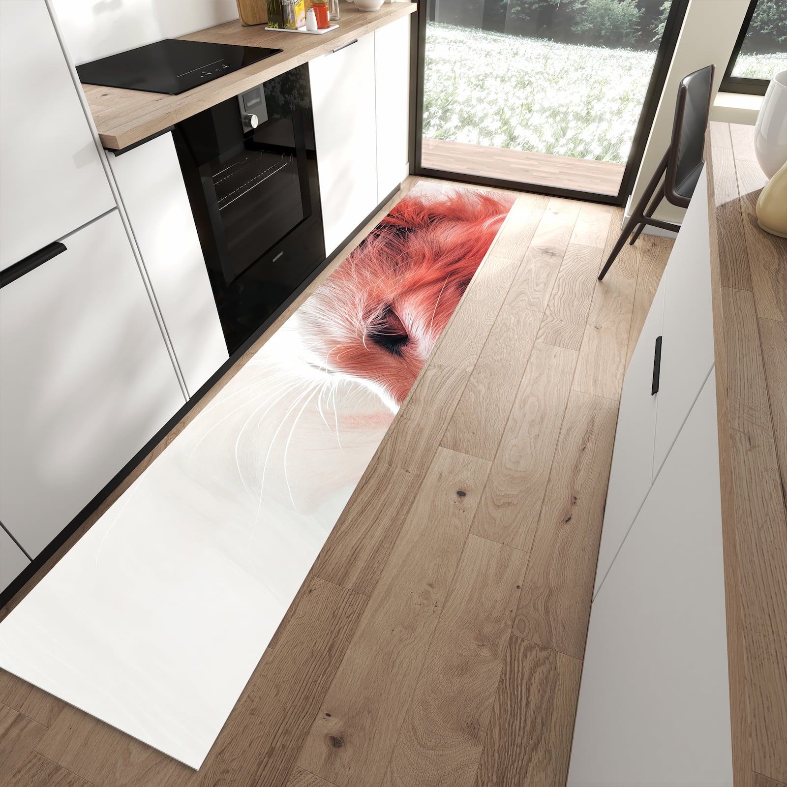 Flacher Küchenteppich mit Motiv Katze Profil Rouge in moderner Küche