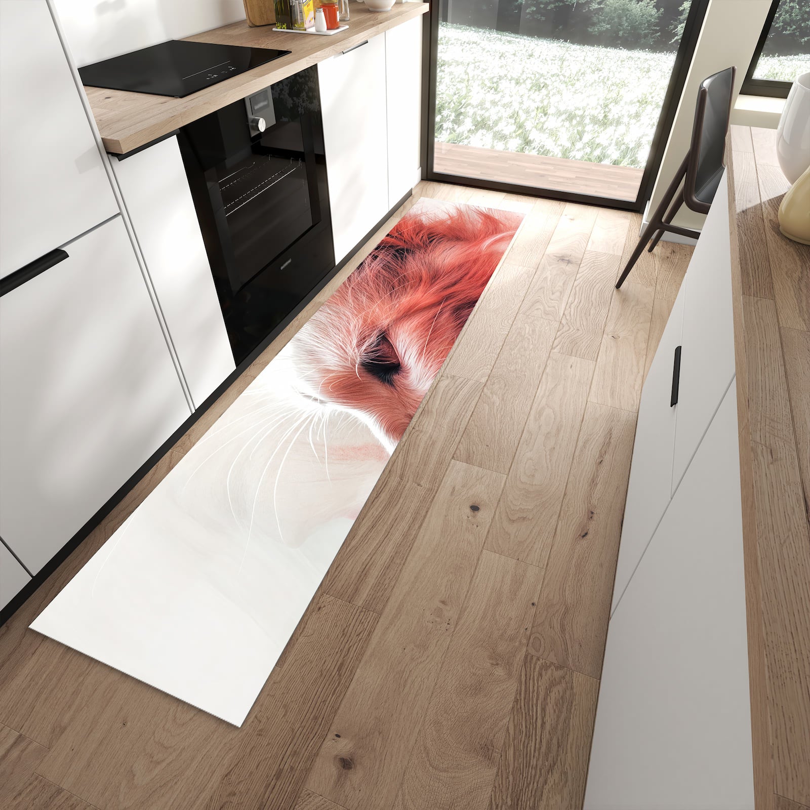 Langlebiger Küchenteppich mit Motiv Katze Profil Rouge in moderner Küche