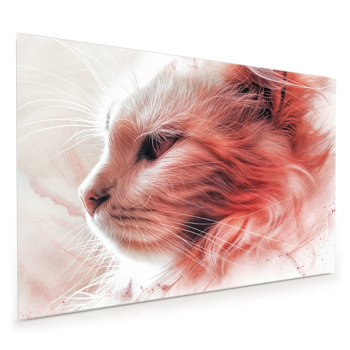 Küchenrückwand aus Glas im Hochformat mit Motiv Katzenprofil in Rot: Katzenkopf im Profil, künstlerisch in Korallrot und Rosé getönt, weißer Grund