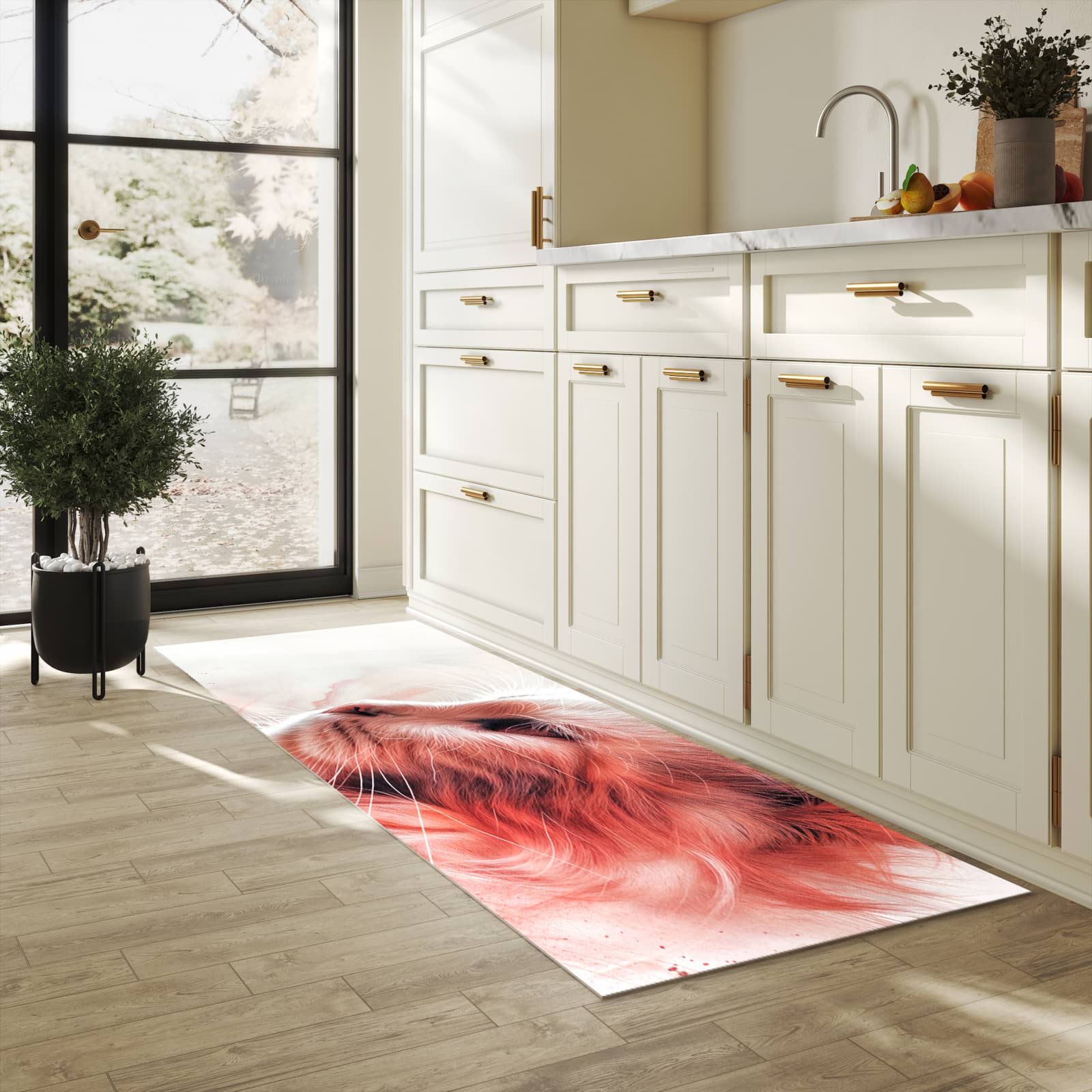 Feuchtigkeitsresistenter Küchenteppich mit Motiv Katze Profil Rouge in heller Küche