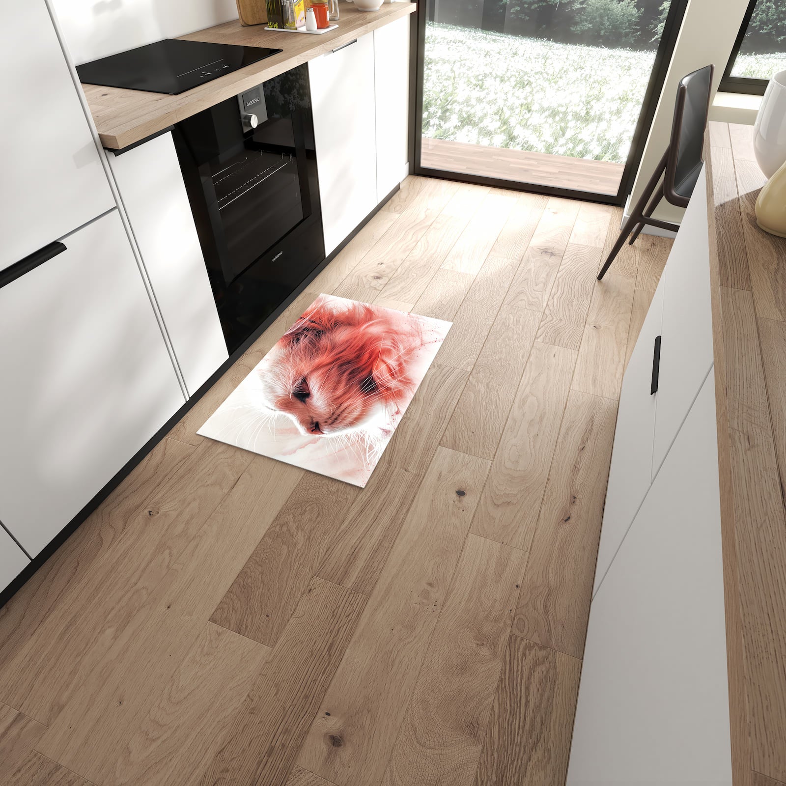 Pflegeleichter Küchenteppich mit Motiv Katze Profil Rouge in moderner Küche