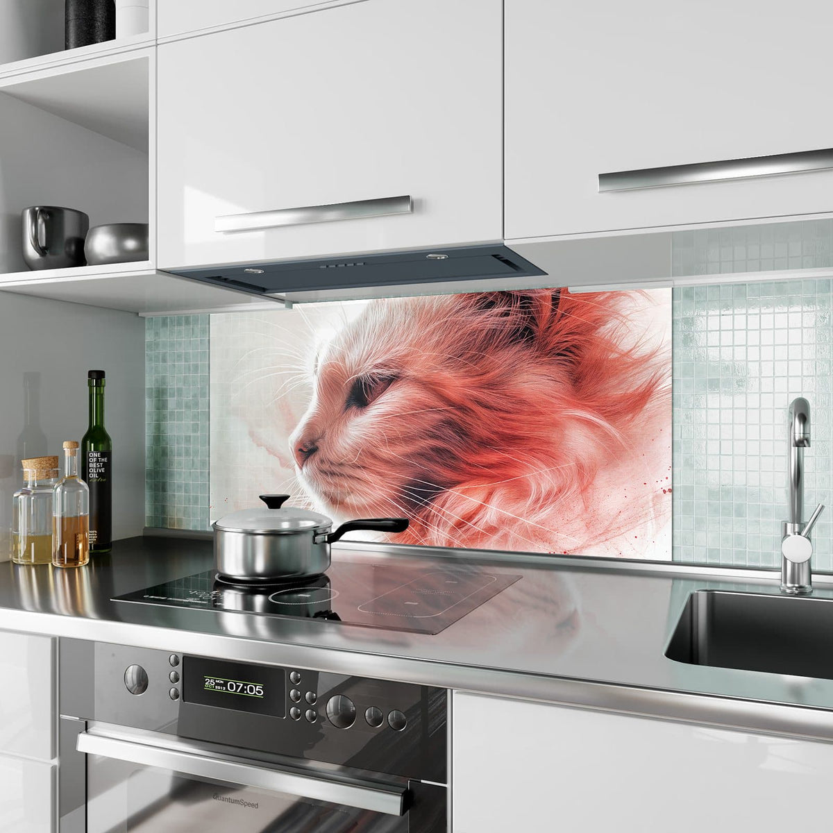 Küchenrückwand aus Glas Katzenprofil in Rot im Hochformat als Spritzschutz hinter dem Kochfeld, über dem Fliesenspiegel montiert
