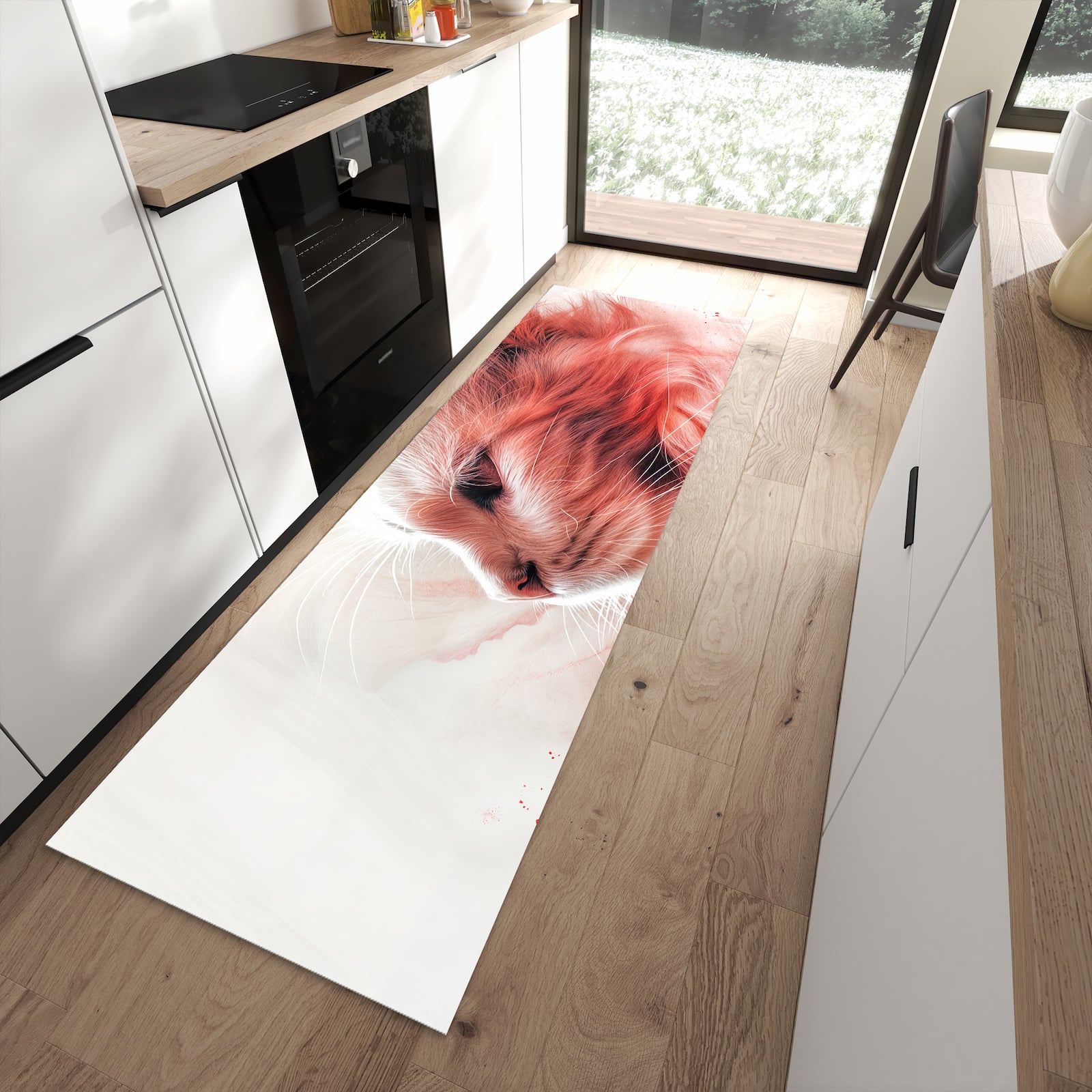 Rutschfester Küchenläufer mit Motiv Katze Profil Rouge in moderner Küche