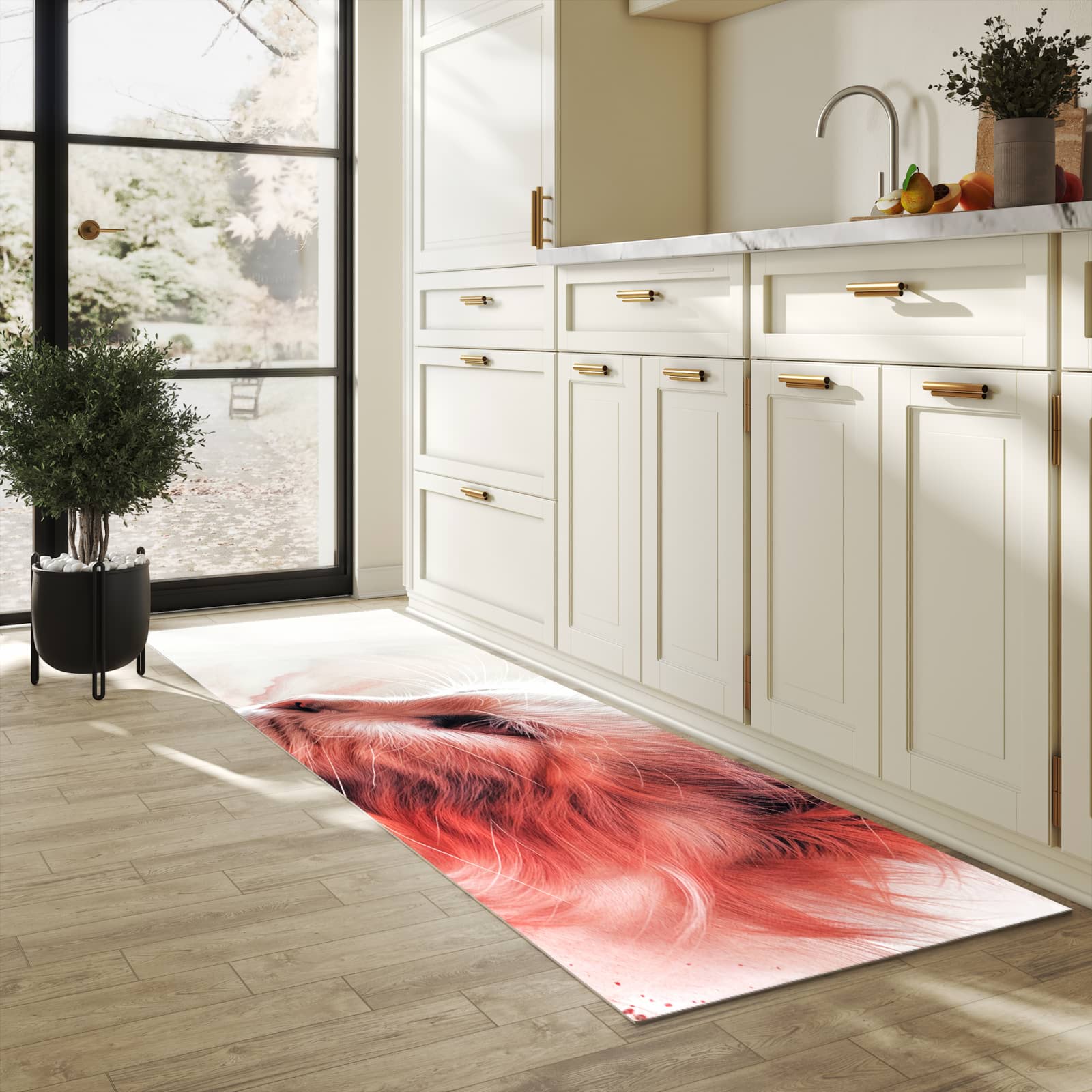 Bodenschonender Küchenteppich mit Motiv Katze Profil Rouge in heller Küche