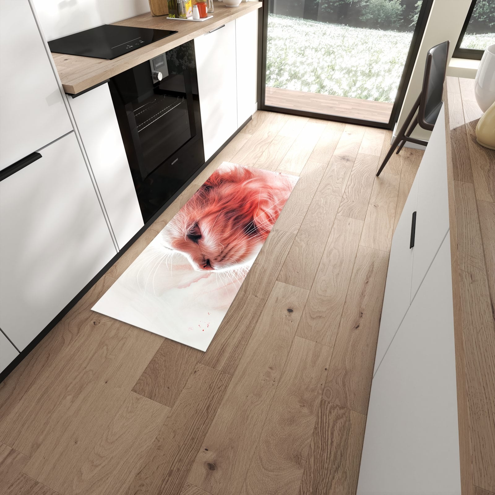 Fleckenresistenter Küchenteppich mit Motiv Katze Profil Rouge in moderner Küche #grösse_60 x 150 cm