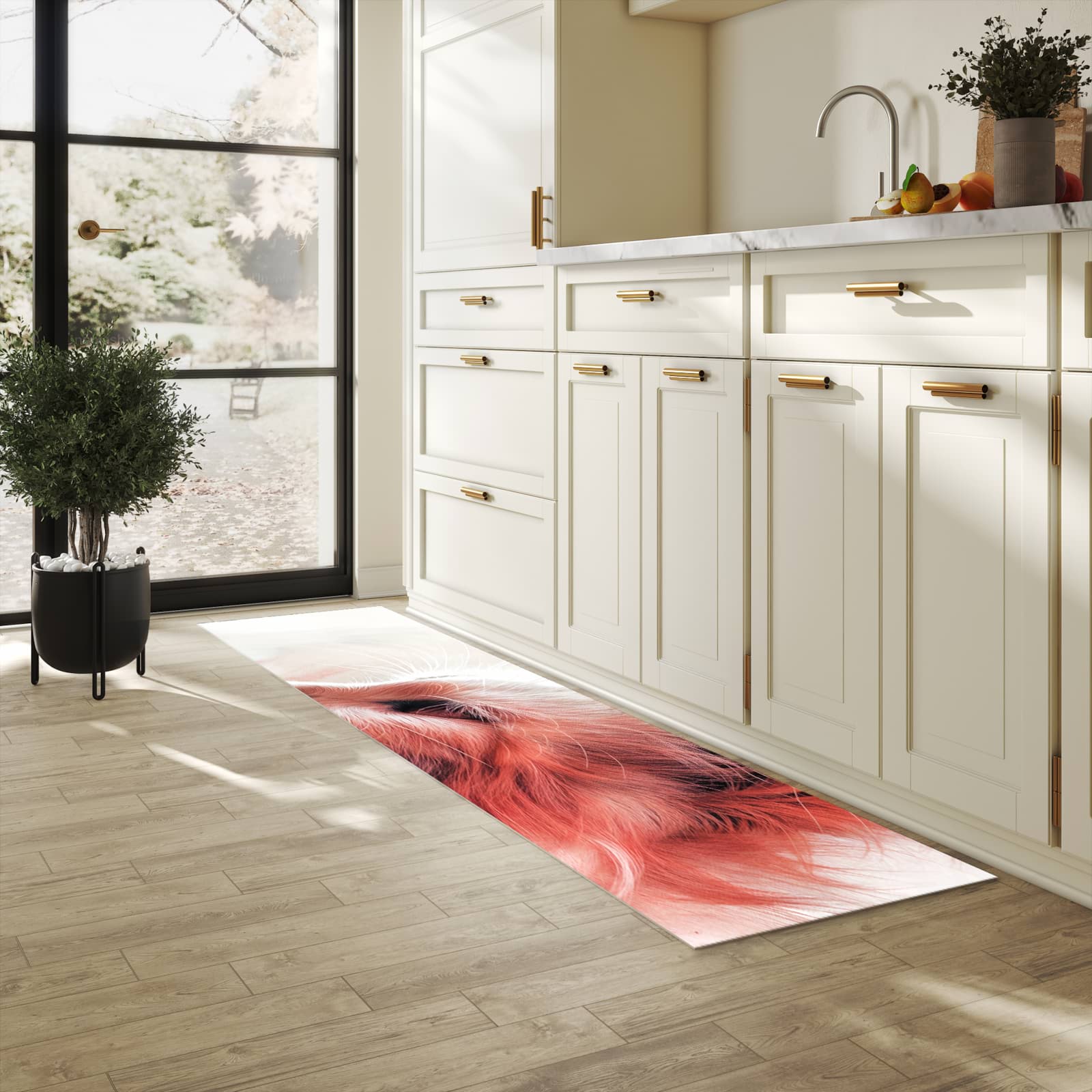 Strapazierfähiger Teppich für Esstisch mit Motiv Katze Profil Rouge in heller Küche