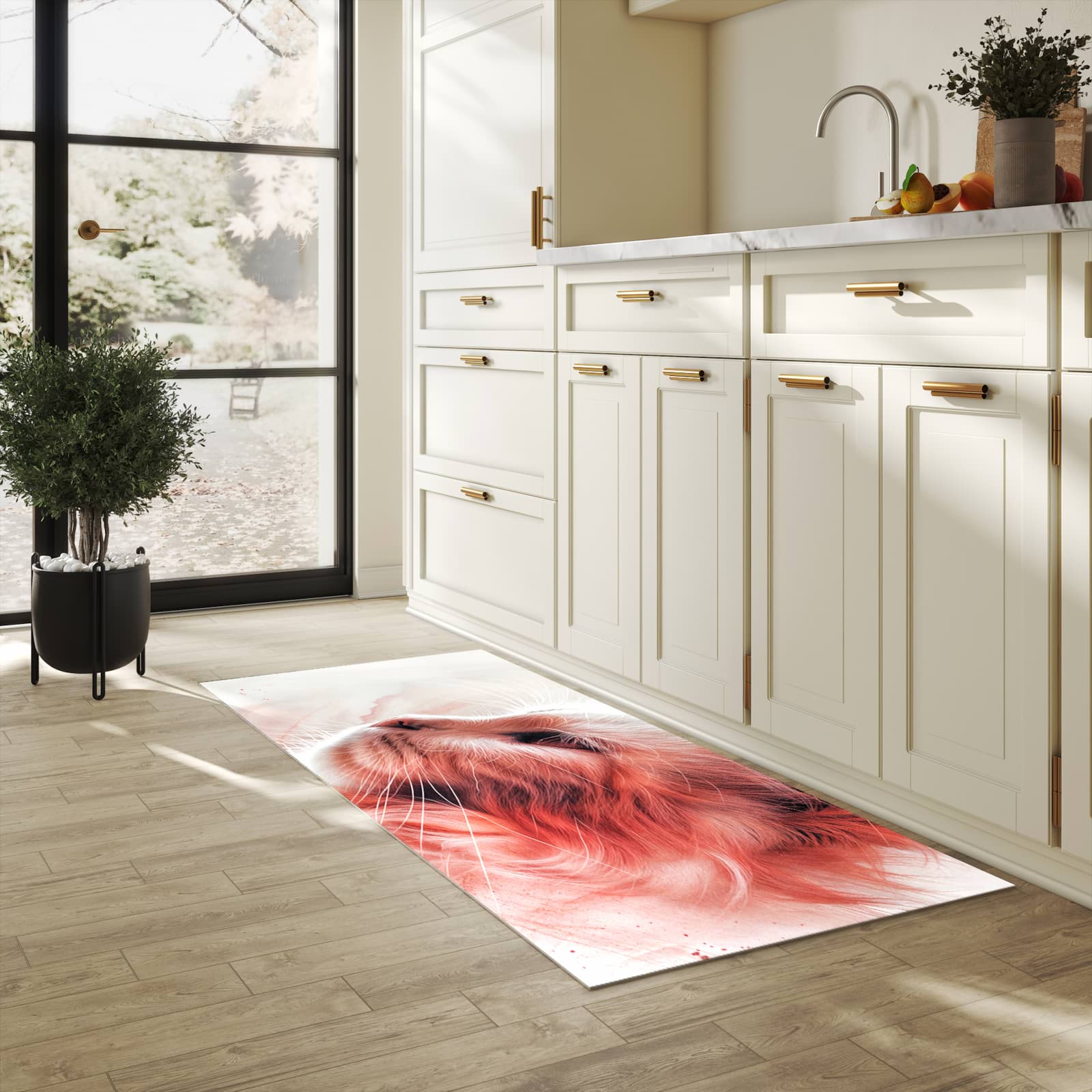 Rutschfester Bodenläufer-Teppich mit Motiv Katze Profil Rouge in heller Küche