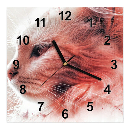 Wanduhr Quadratisch mit dem Motiv Katzenprofil in Rot