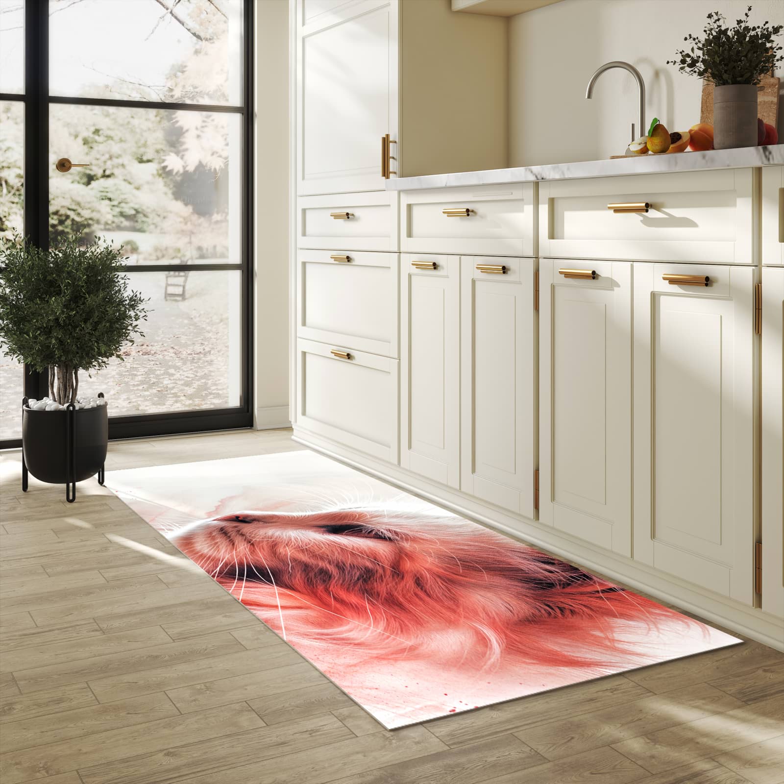 Farbbeständiger Küchenteppich mit Motiv Katze Profil Rouge in heller Küche
