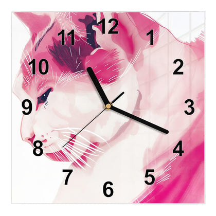 Wanduhr Quadratisch mit dem Motiv Pinke Aquarellkatze