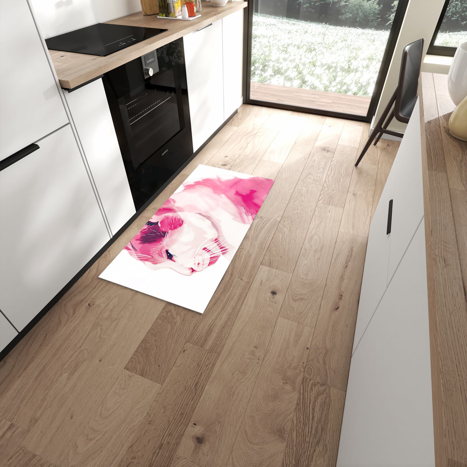 Rutschfester Küchenläufer mit Motiv Katzenportrait in moderner Küche #grösse_60 x 120 cm