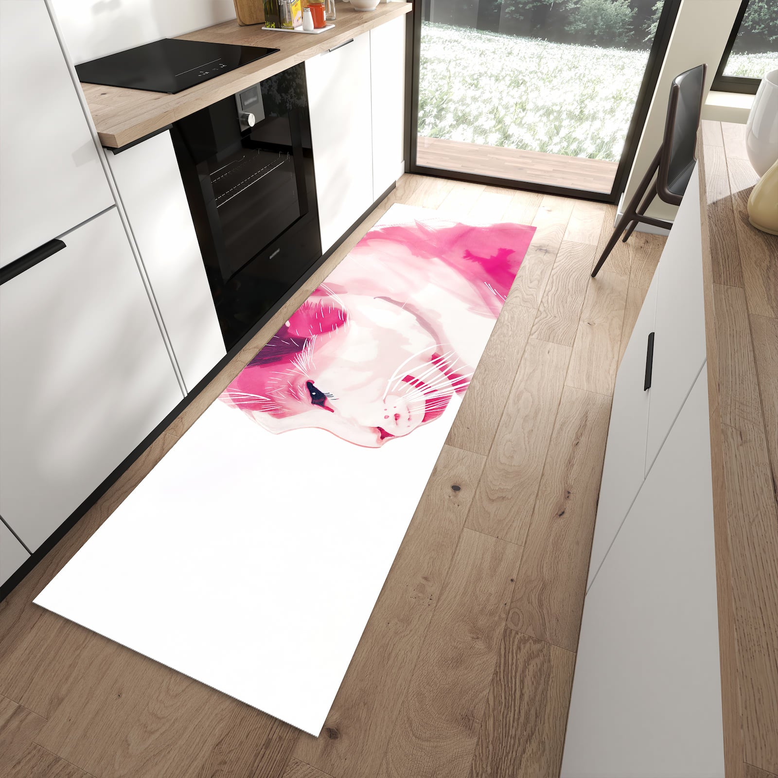 Zeitsparender Küchenläufer nach Maß mit Motiv Katzenportrait in moderner Küche