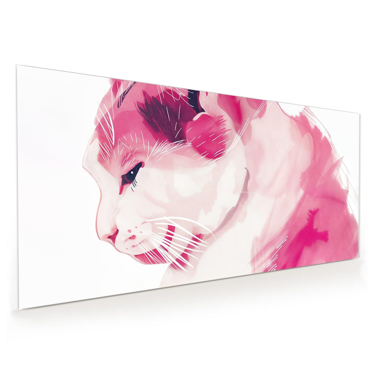 Küchenrückwand aus Glas im Hochformat mit Motiv Pinke Aquarellkatze: Stilisierte Katze im Profil, ganz in Rosa- und Pinktönen gemalt, weiße Schnurrhaarstriche