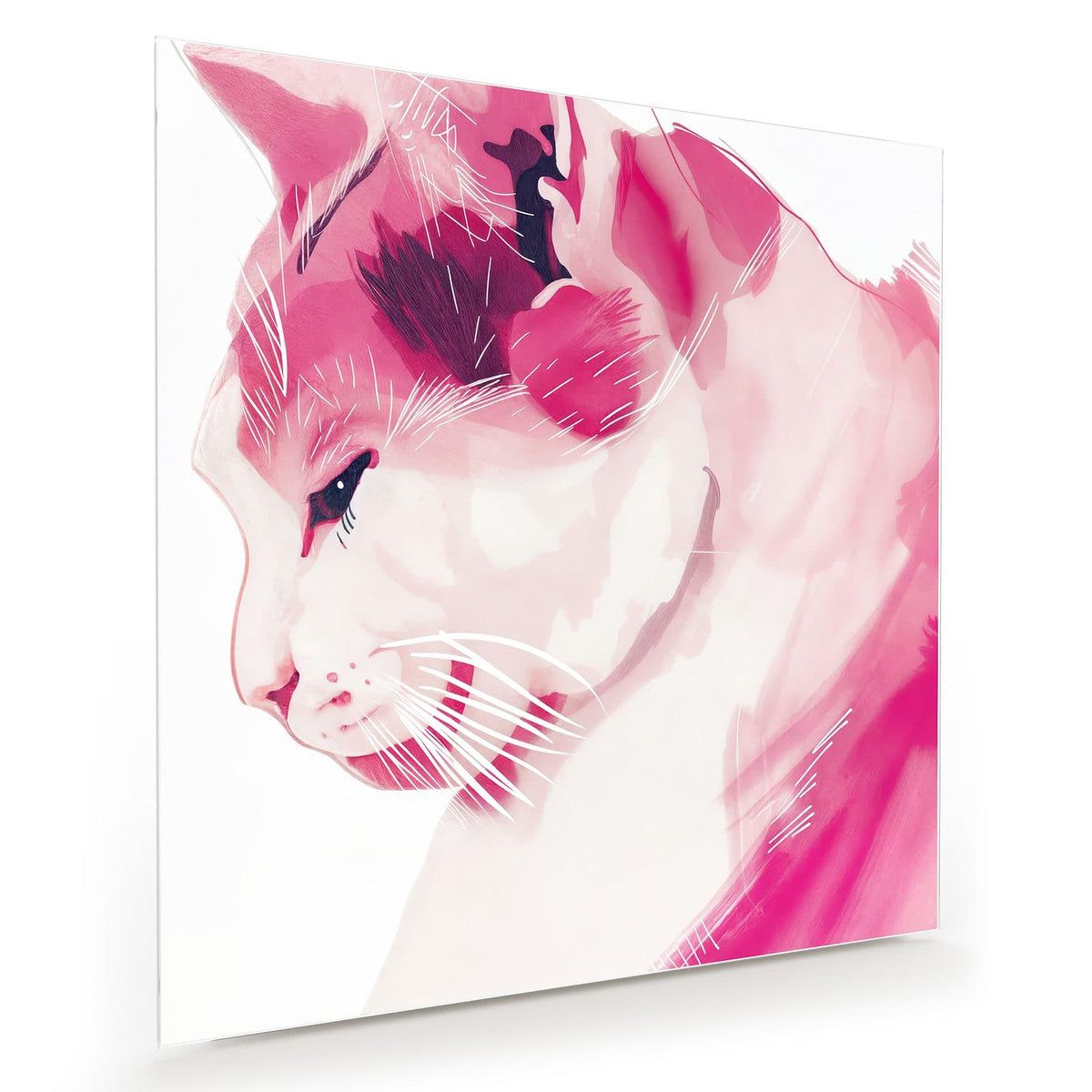 Stilisierte Katze im Profil, ganz in Rosa- und Pinktönen gemalt, weiße Schnurrhaarstriche, weißer Grund