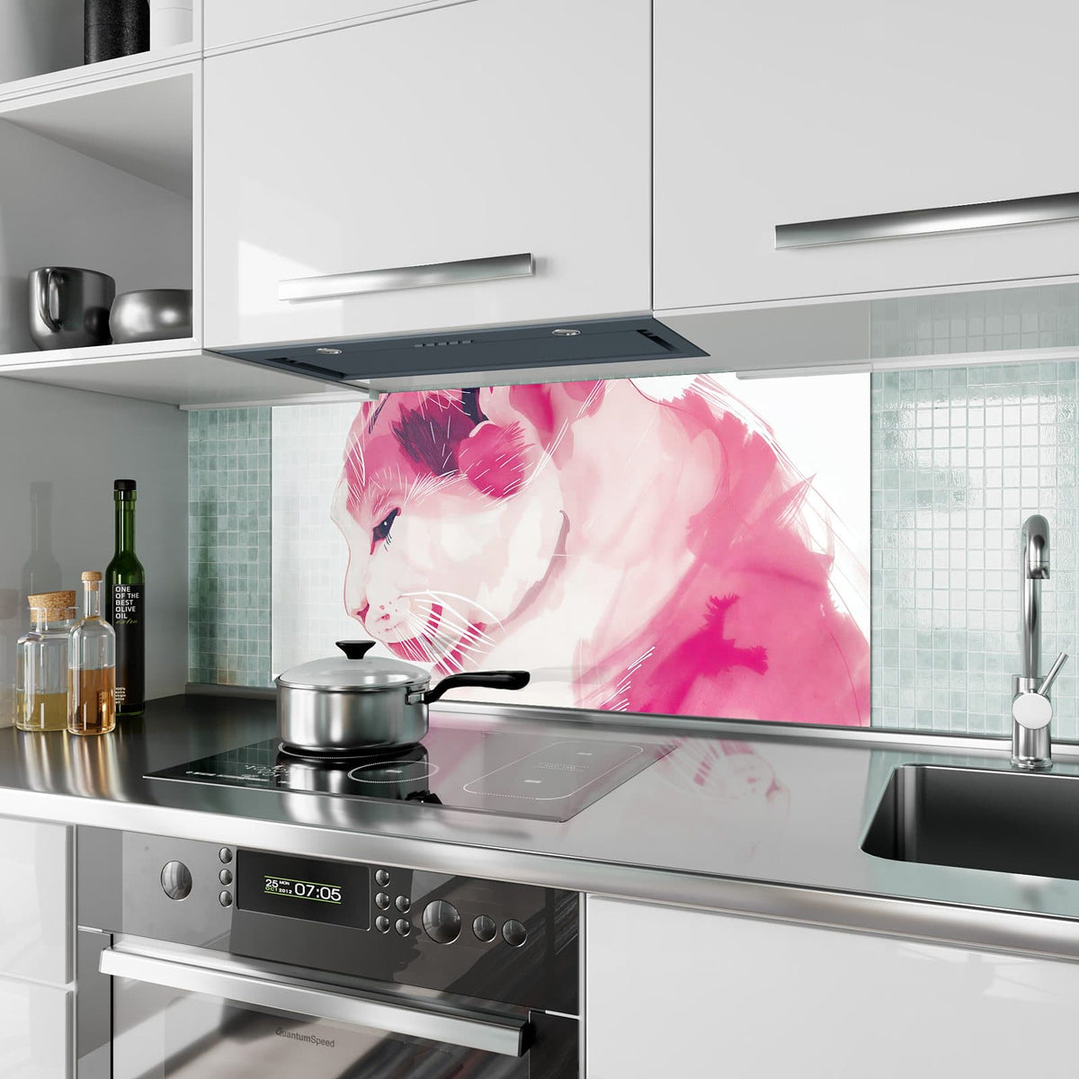 Küchenrückwand aus Glas Pinke Aquarellkatze im Hochformat als Spritzschutz hinter dem Kochfeld, über dem Fliesenspiegel montiert