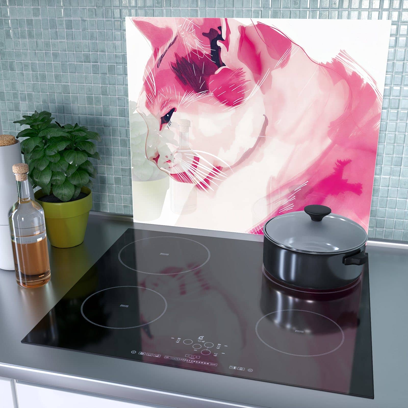 1-teilige Ceranfeld Abdeckungen mit Katzenportrait-Motiv als Spritzschutz hinter dem Kochfeld
