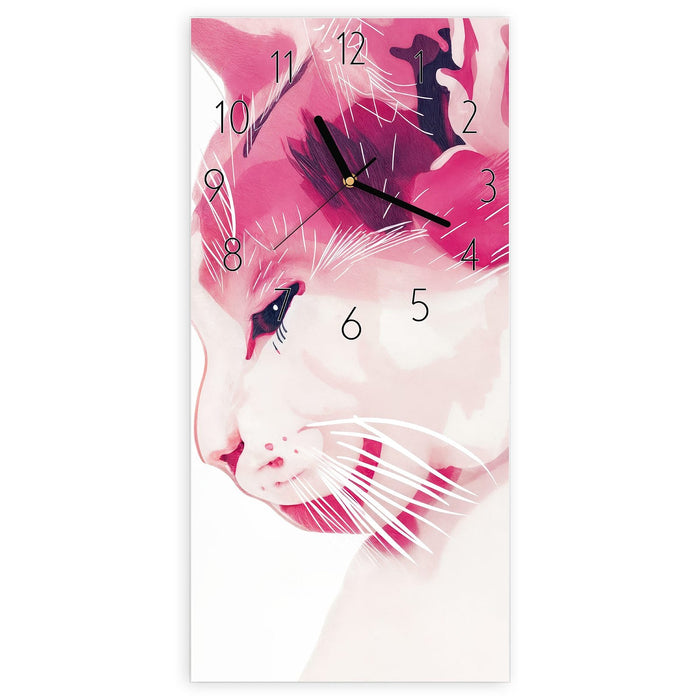 Wanduhr Katzenportrait aus Glas – Hochformat 30 × 60 cm mit Ziffernblatt Elegant