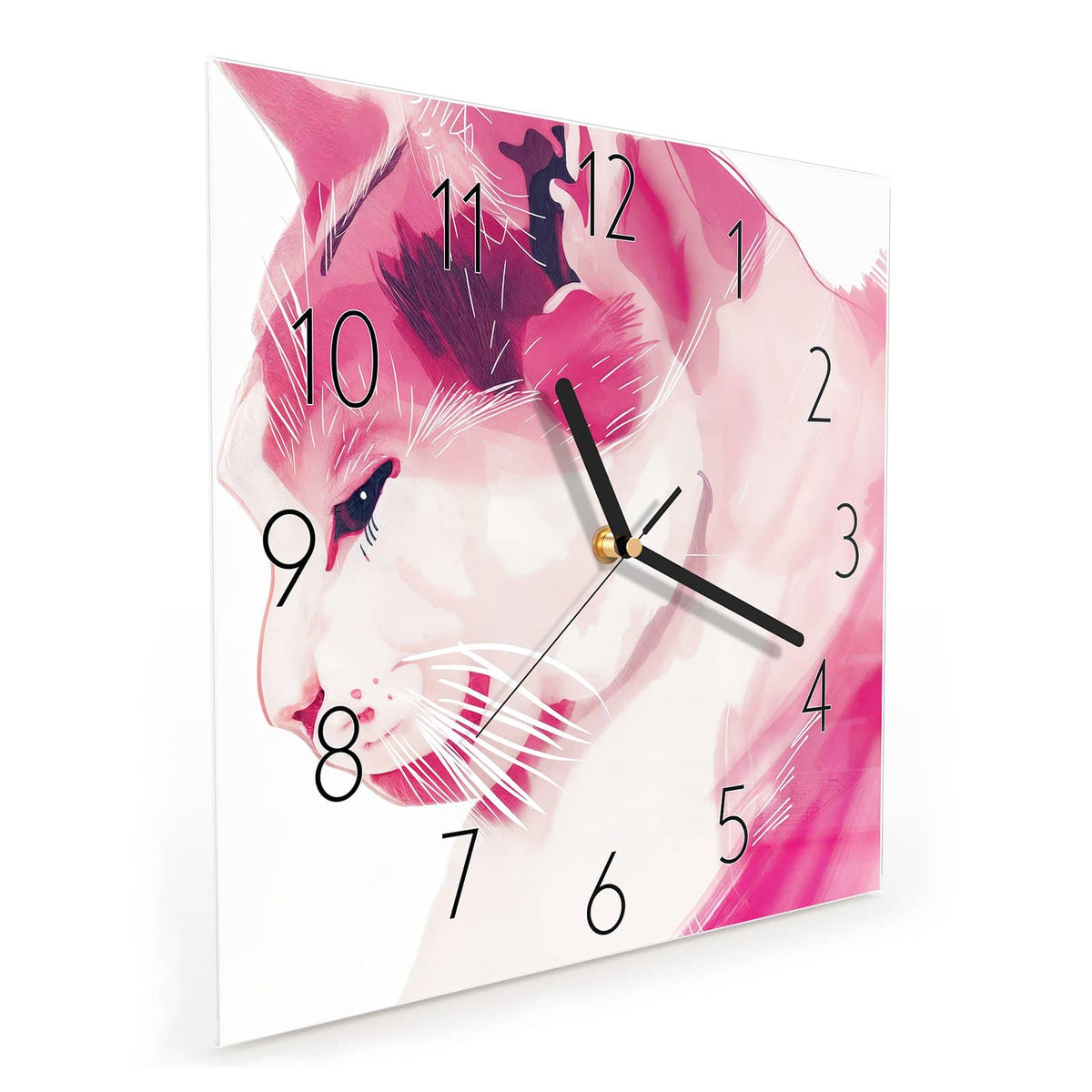 Quadratische Wanduhr aus Glas Pinke Aquarellkatze schräg von der Seite, 4 mm starkes Glas